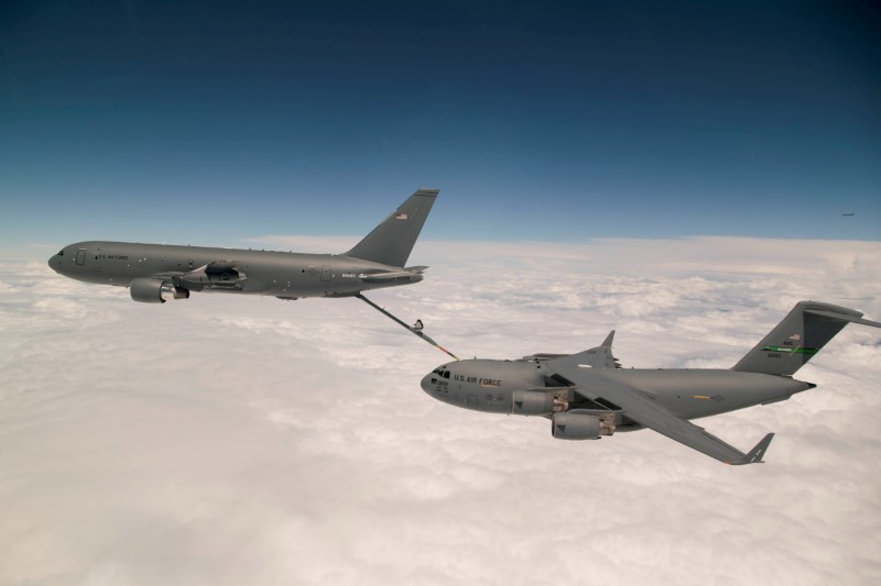 Boeing's KC-46 aerial refueling tanker conducts receiver compatibility tests with a U.S. Air Force C-17 Globemaster III from Joint Base Lewis-McChord, in Seattle