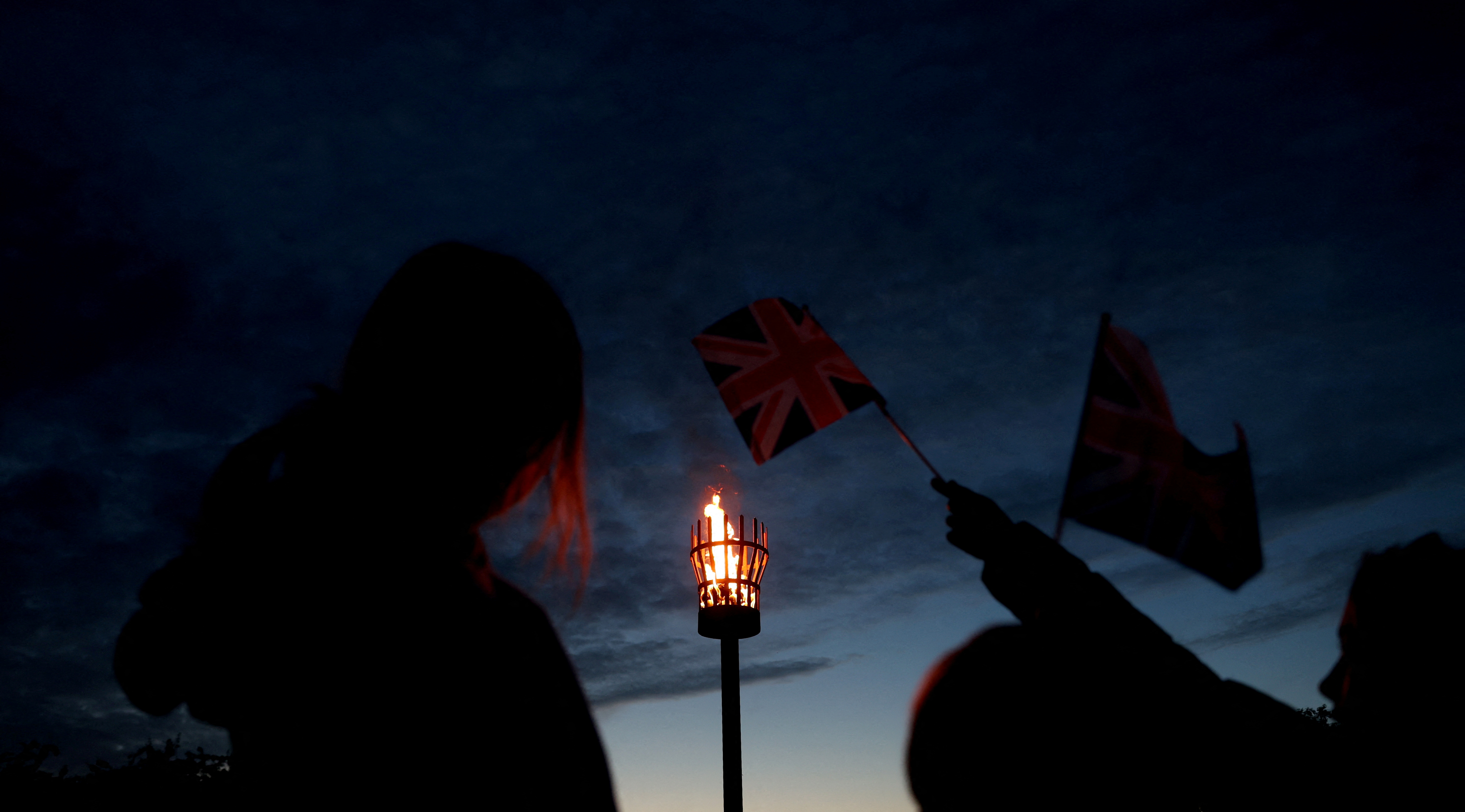 A beacon is lit to celebrate the Queen’s Platinum Jubilee in Acle, Norfolk