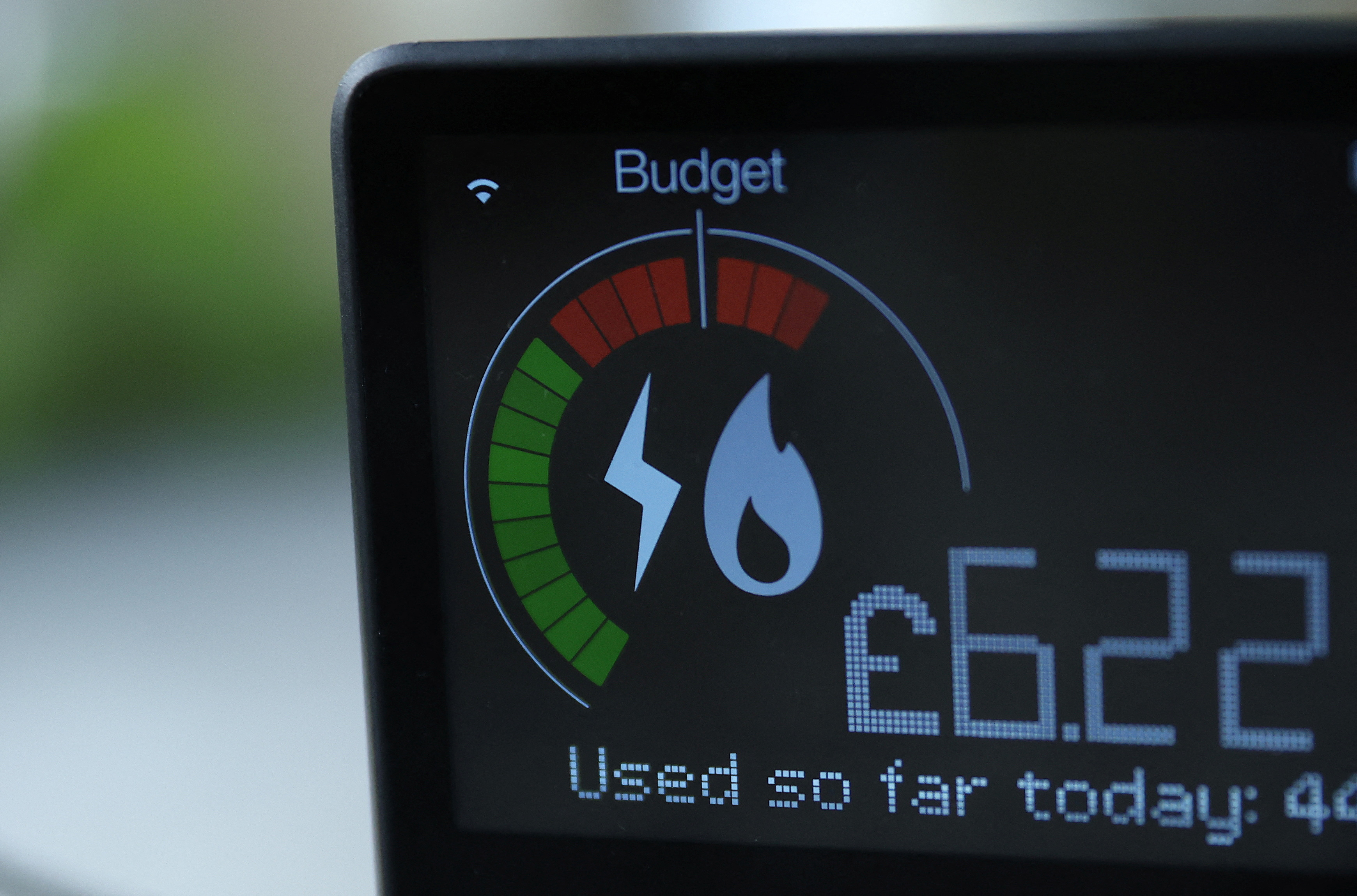 A home smart meter showing energy use is seen in the kitchen of a home in Manchester