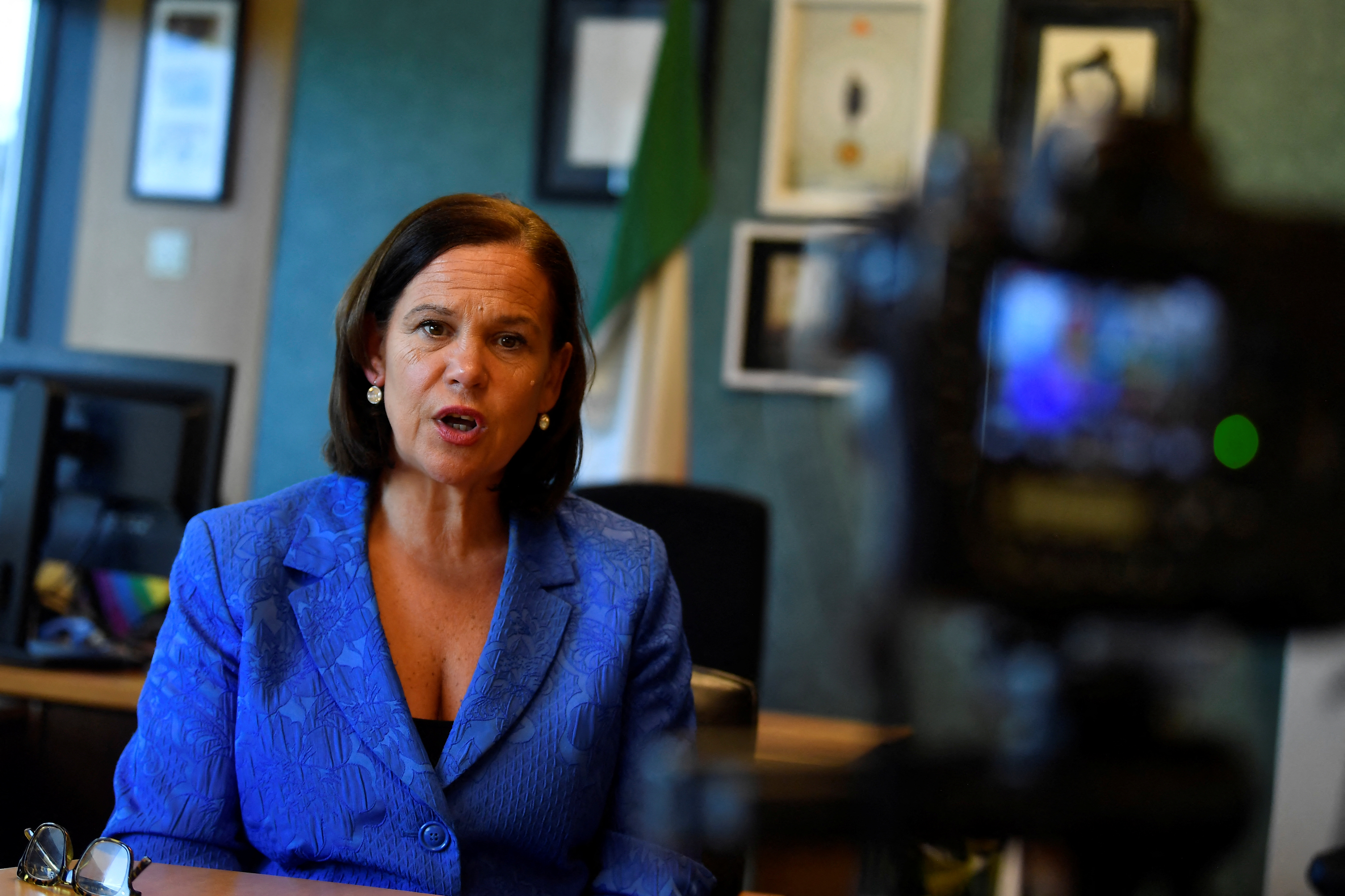 Sinn Fein leader Mary Lou McDonald speaks during an interview, in Dublin