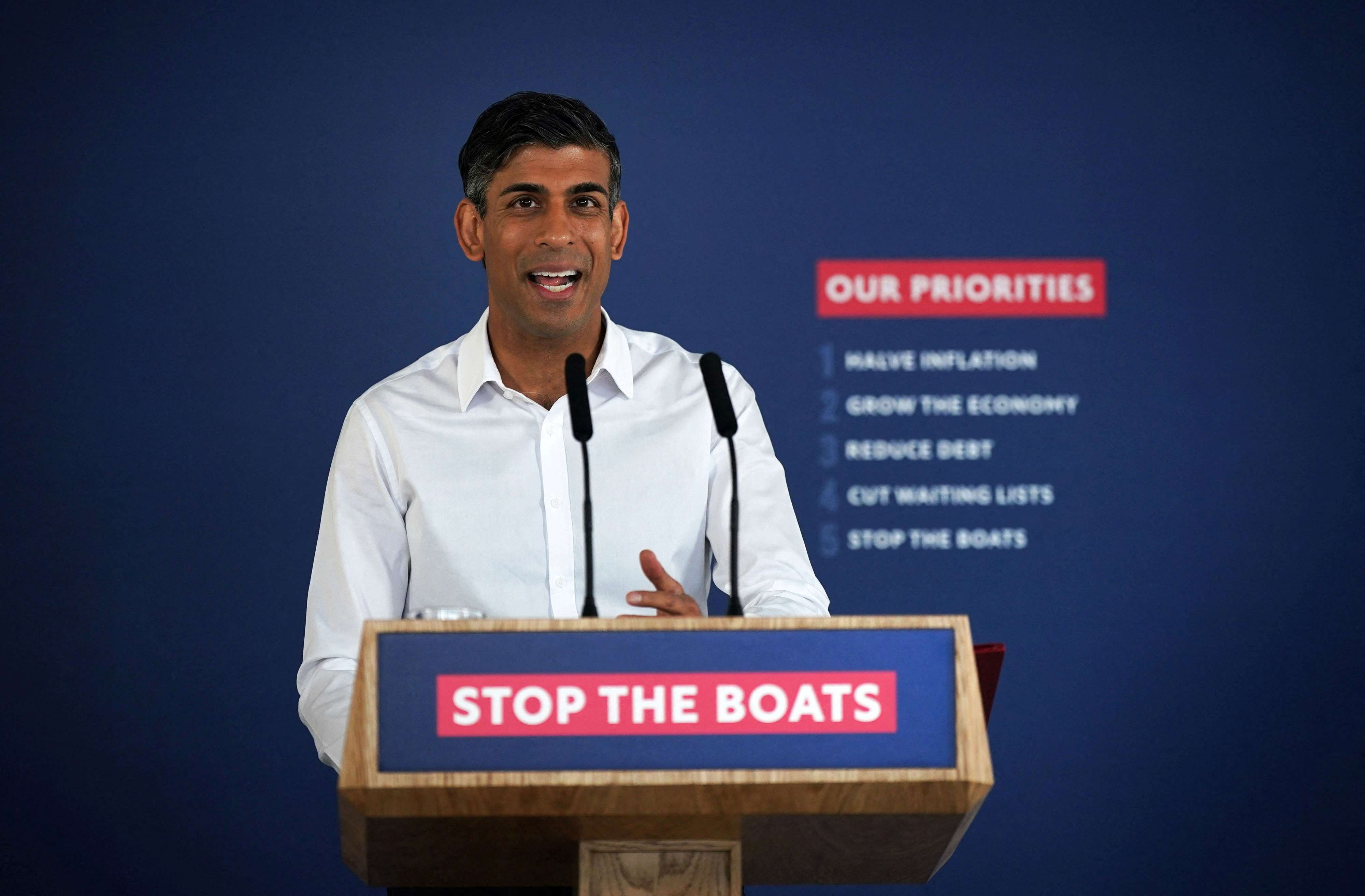 Prime Minister Rishi Sunak during a press conference at Western Jet Foil in Dover