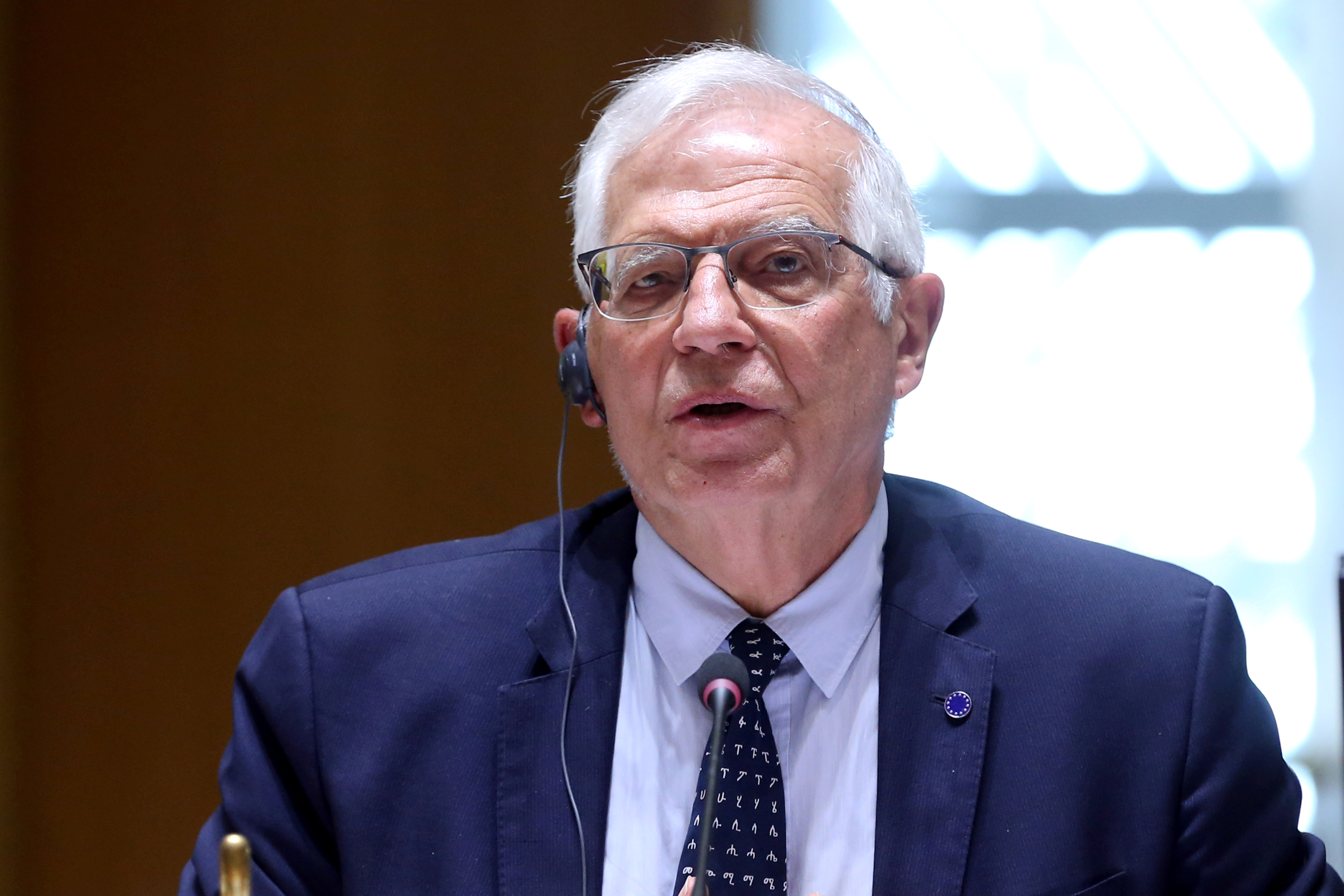 European High Representative of the Union for Foreign Affairs Josep Borrell speaks during a meeting via video conference with EU foreign ministers at the European Council in Brussels, Belgium April 19, 2021. Francois Walschaerts/Pool via REUTERS