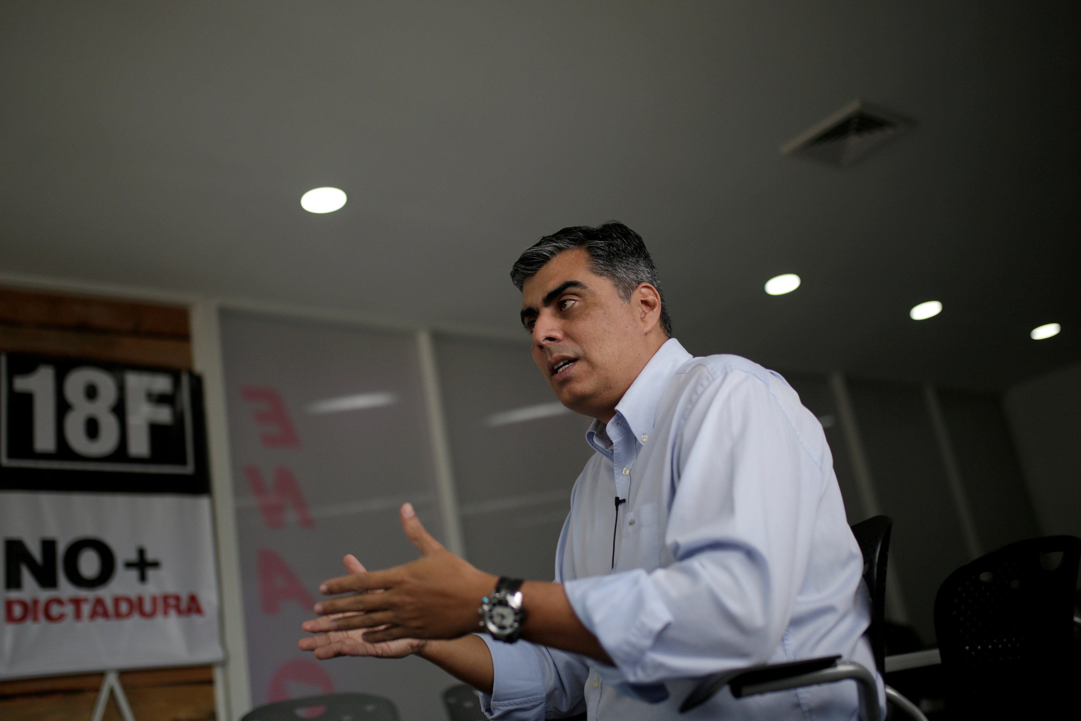 Emilio Grateron, national head of activism of Popular Will (Voluntad Popular) party,  speaks during an interview with Reuters in Caracas