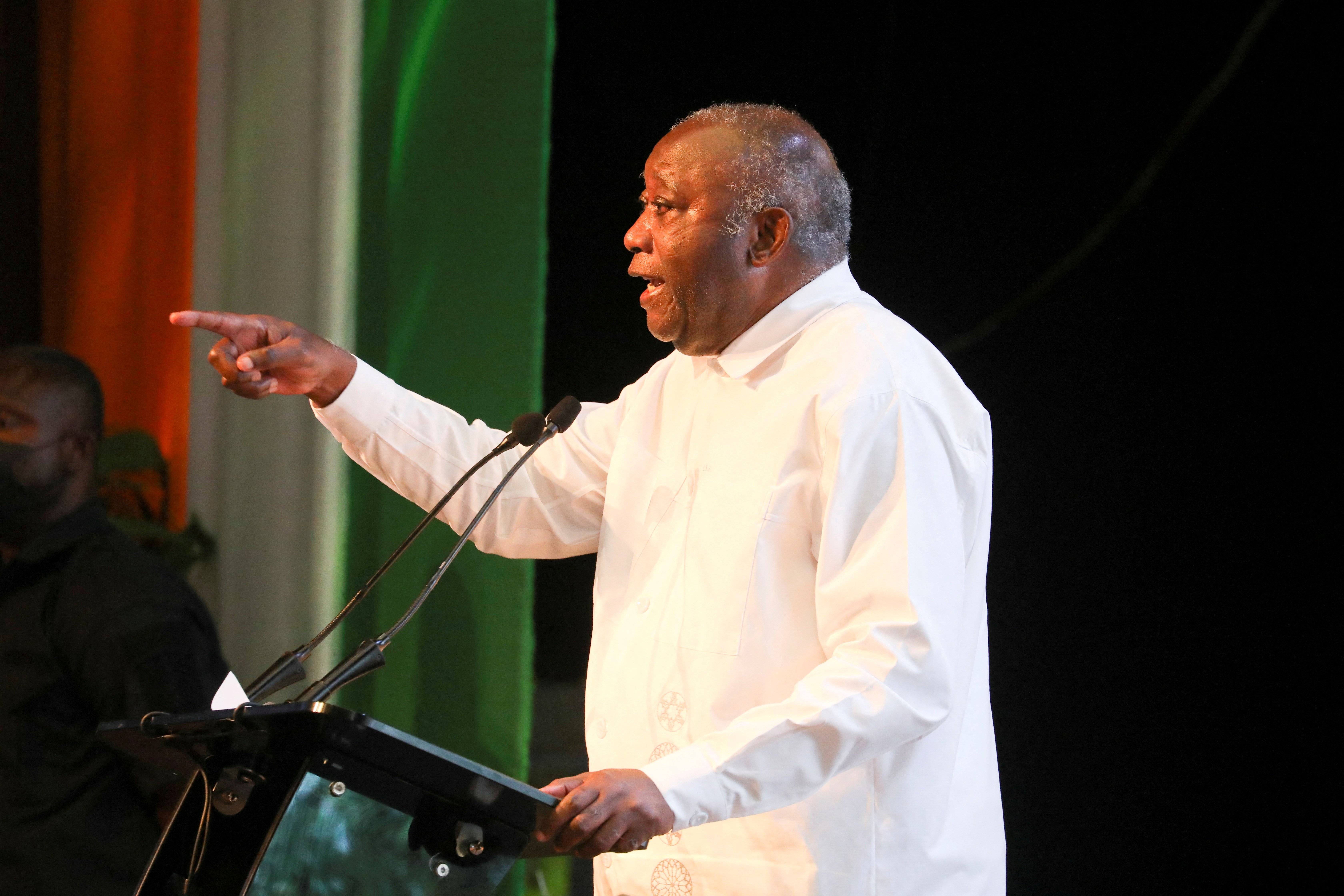 Ivory Coast's former president Laurent Gbagbo speaks during the second day of the meeting to launch the formation of a new political party at the Sofitel hotel in Abidjan
