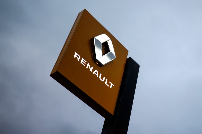 The logo of Renault carmaker is pictured at a dealership in France