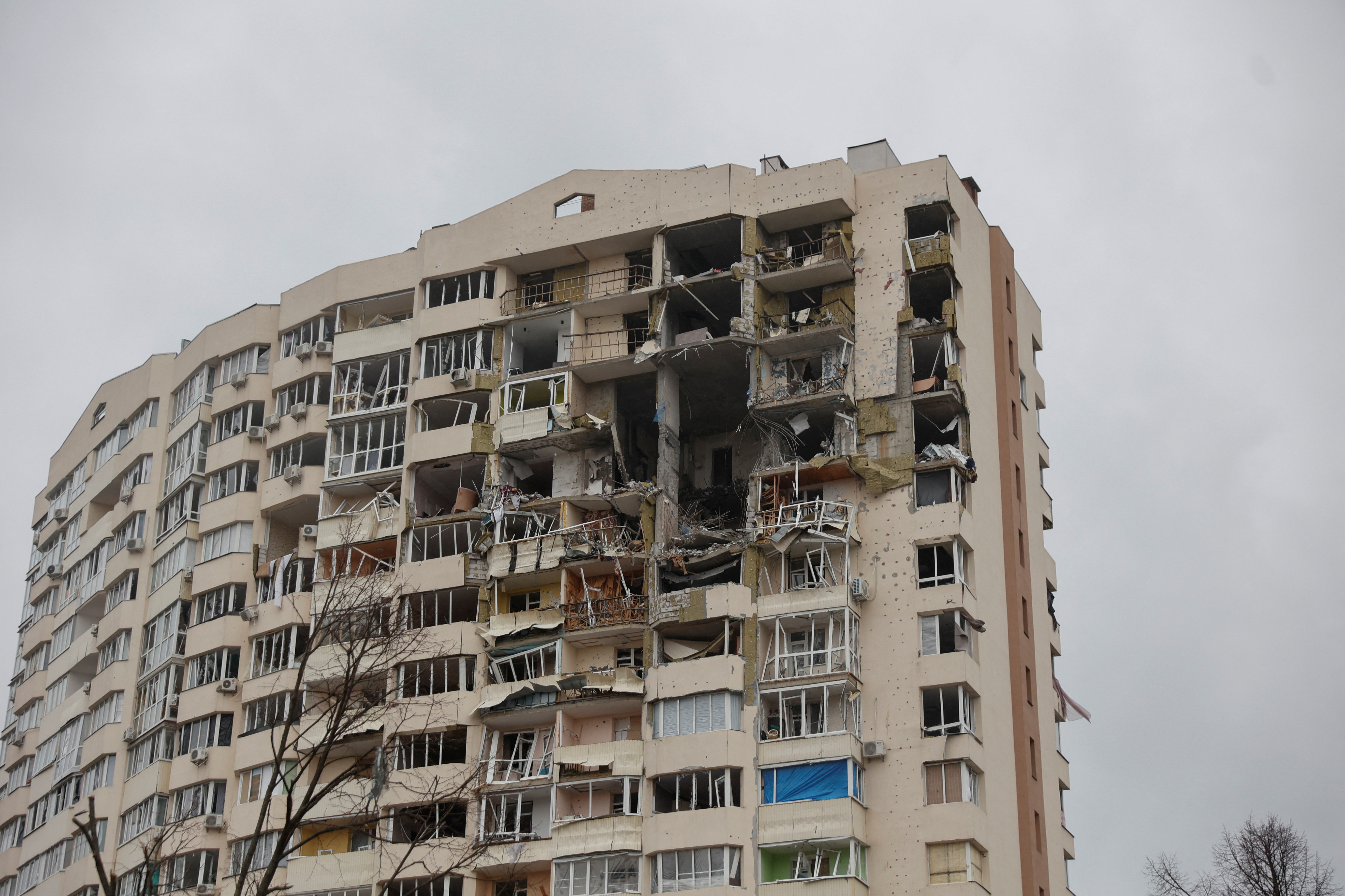 A view shows an apartment building damaged by heavy shelling in Chernihiv