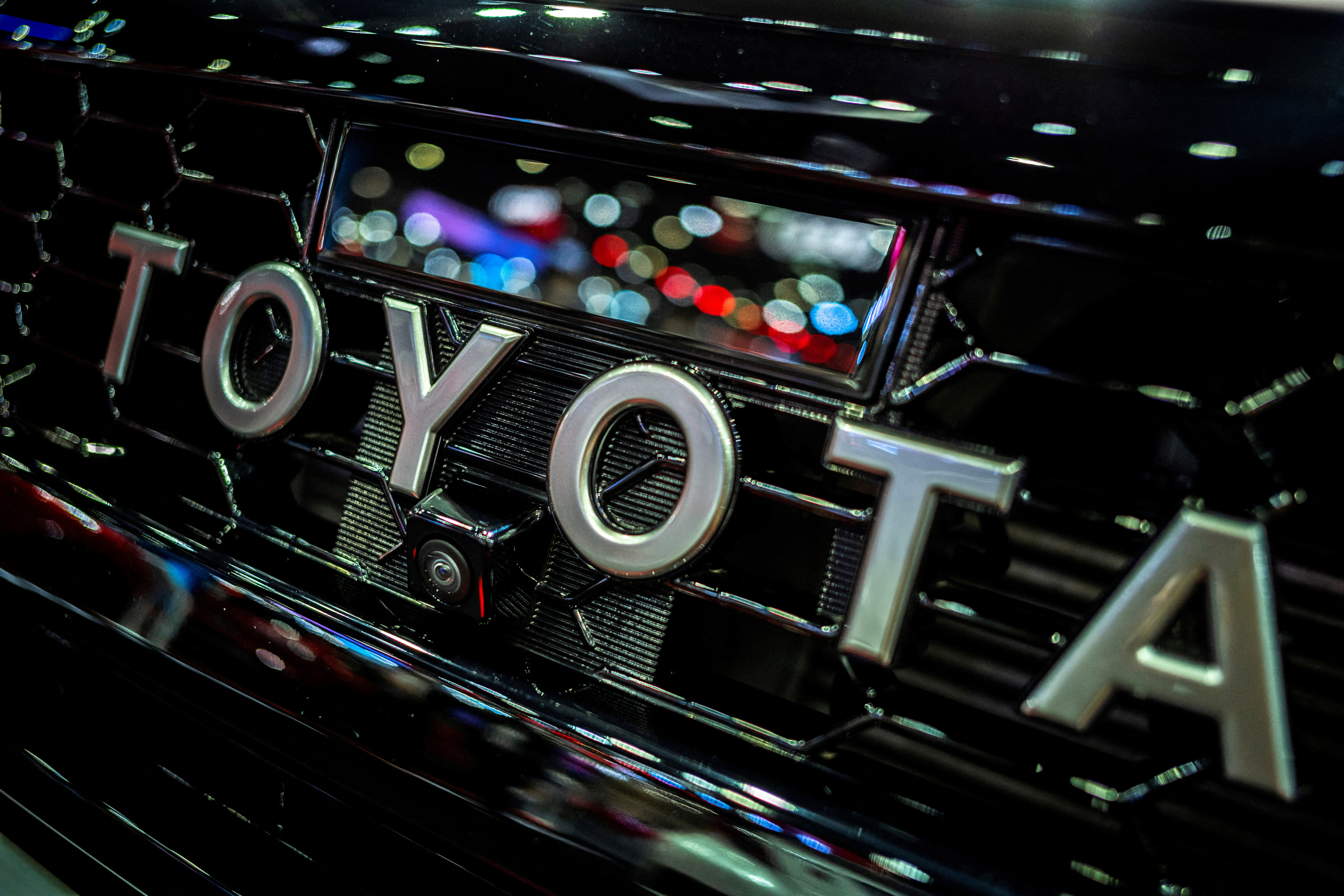 The Toyota logo is pictured at the 43rd Bangkok International Motor Show
