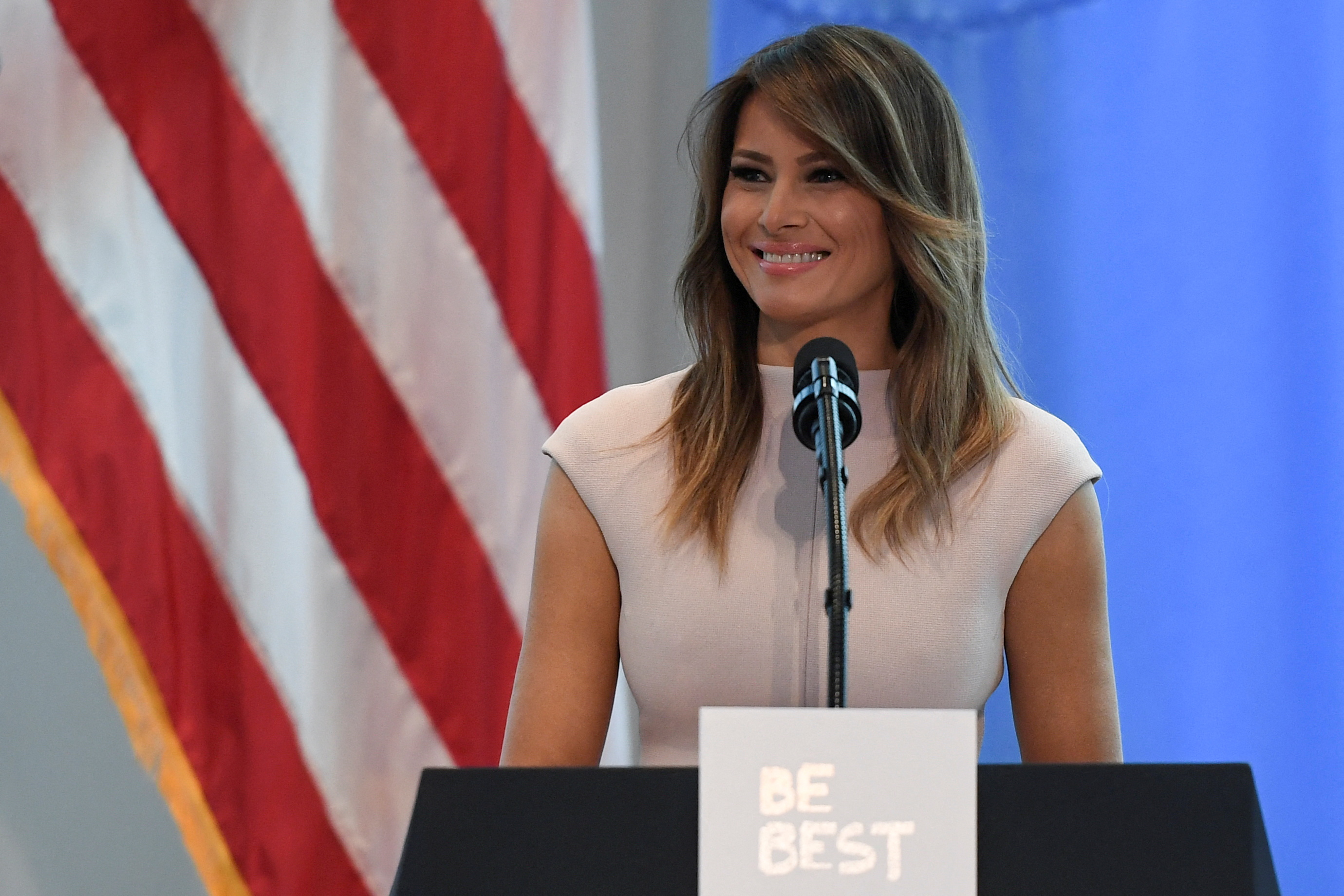 Former U.S. first lady Melania Trump gives a speech during a reception she hosted on the sidelines of the United Nations General Assembly in New York City