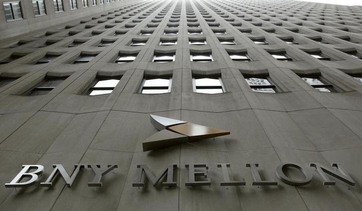 A BNY Mellon sign is seen on their headquarters in New York's financial district