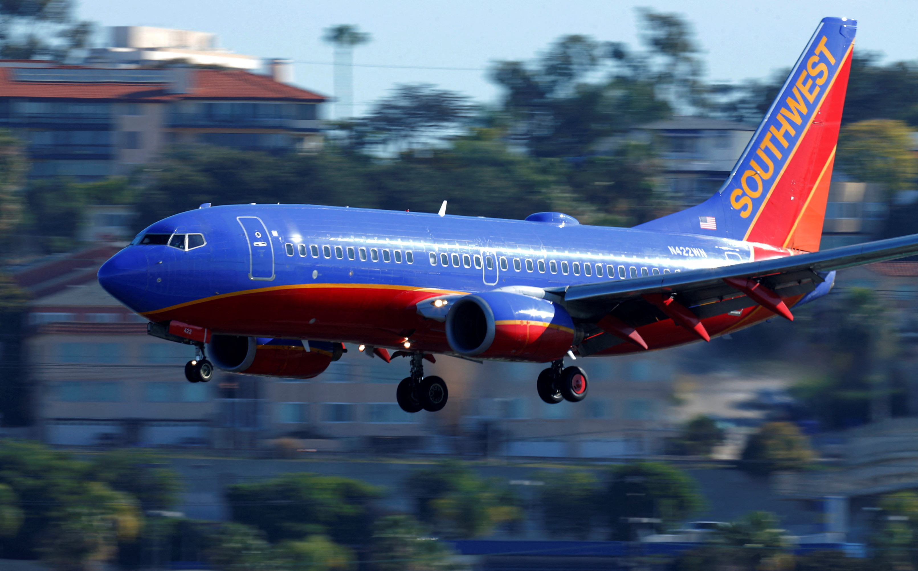 Southwest Airlines jet comes in to land at Lindbergh Field in San Diego, California