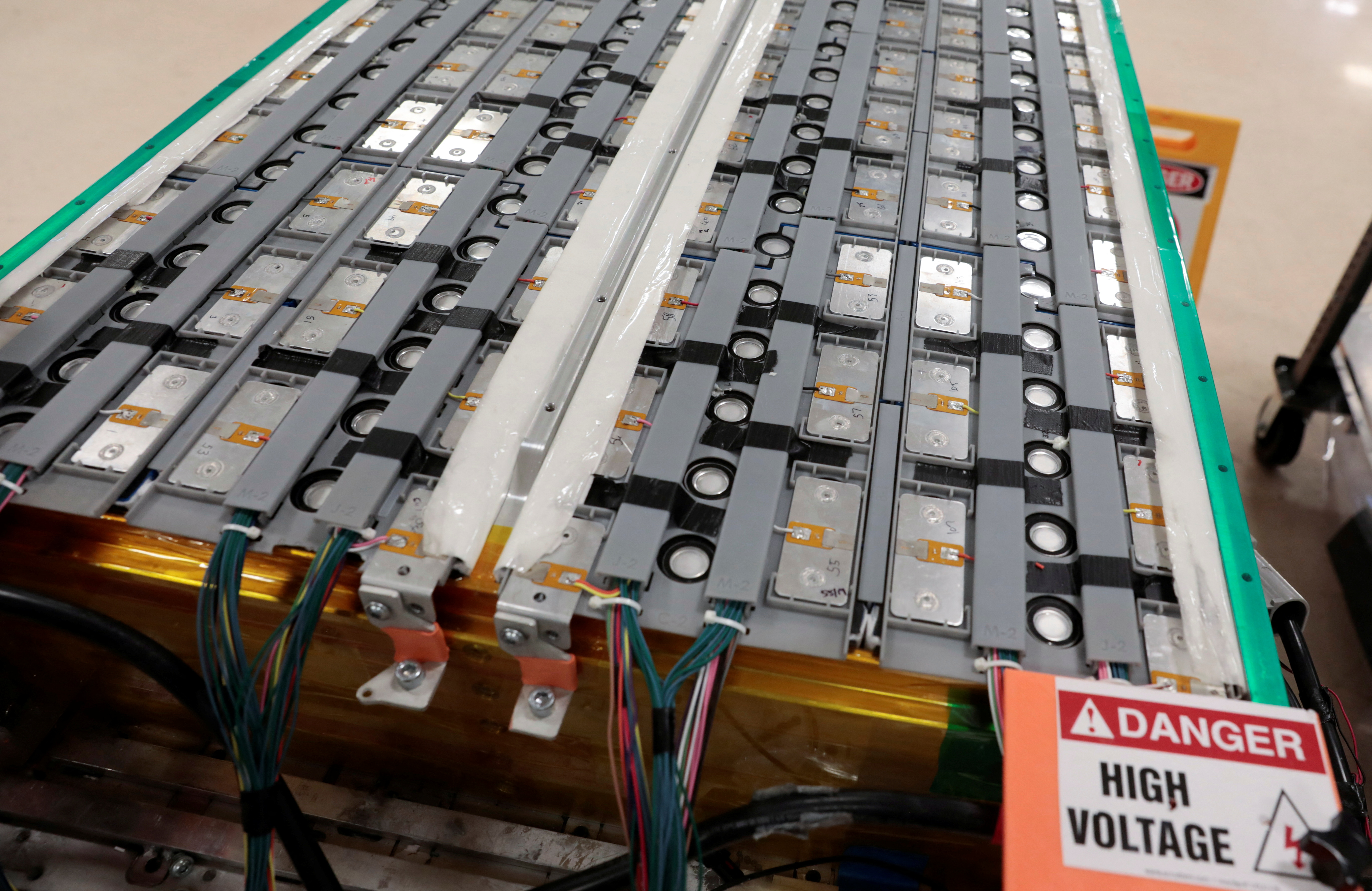 An Aries lithium iron phosphate battery pack is seen waiting to undergo testing at Our Next Energy headquarters in Novi