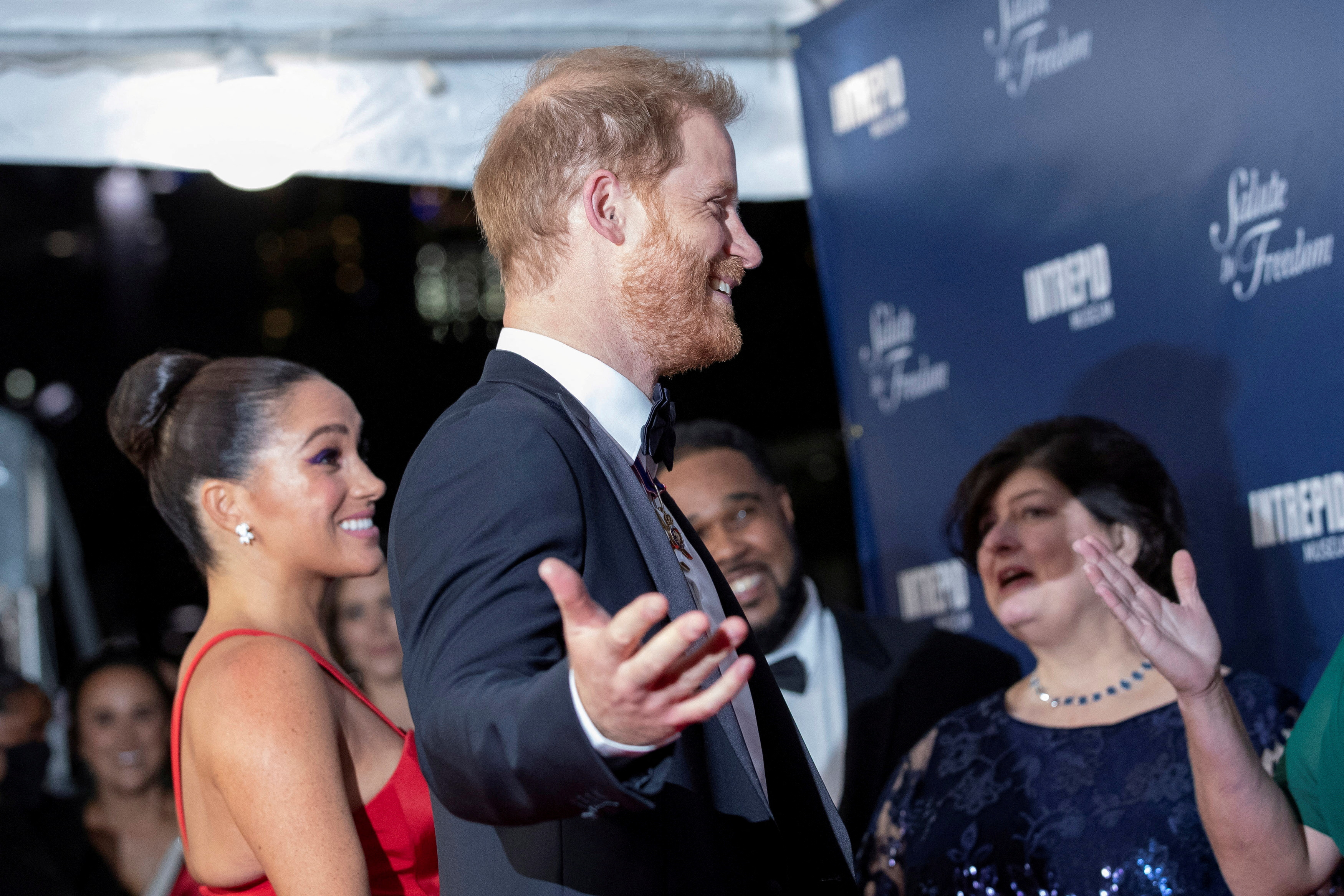 Britain's Prince Harry and Meghan Markle, Duke and Duchess of Sussex, at a gala at the Intrepid Sea, Air & Space Museum in New York City, U.S.
