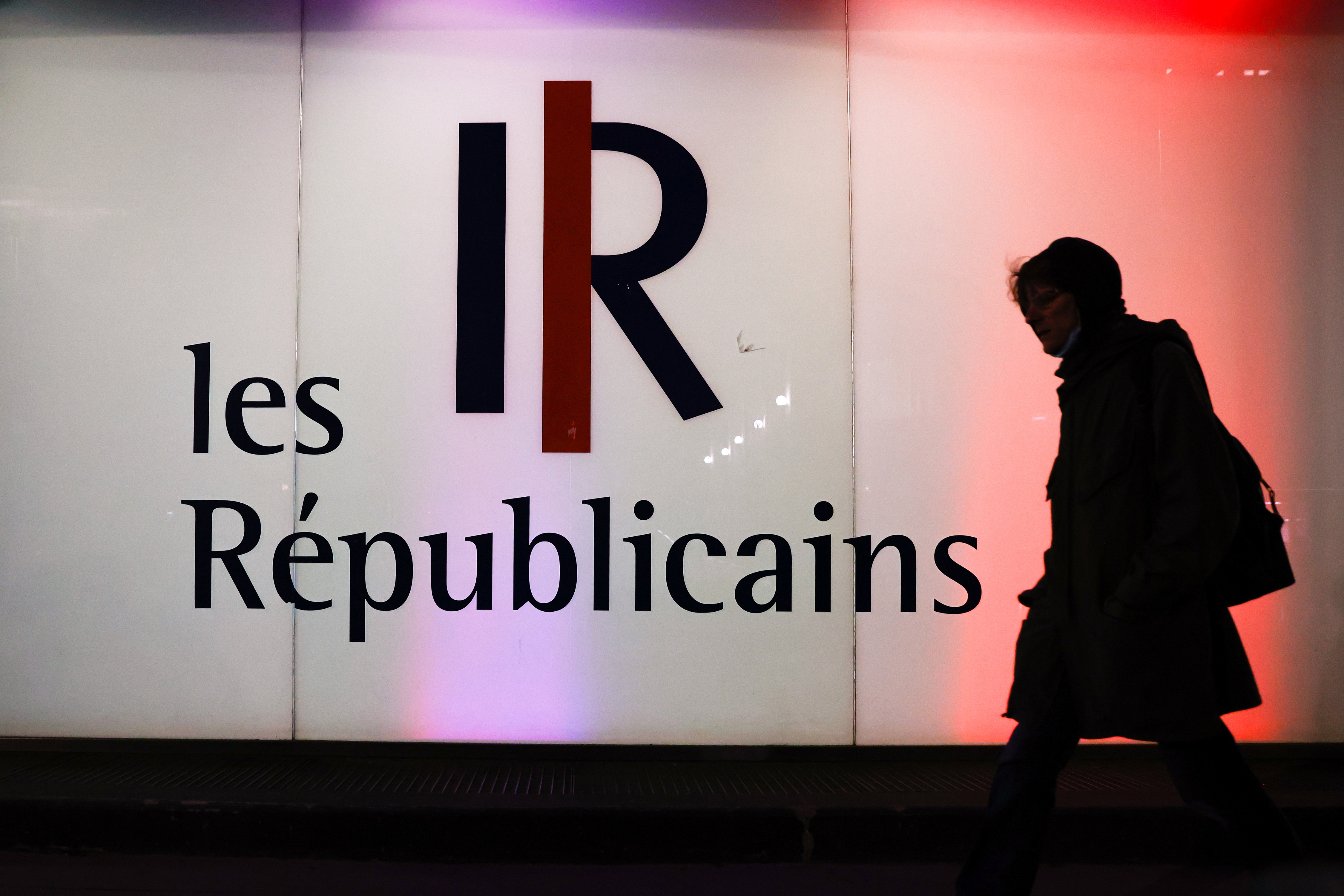 Logo of Les Republicains (LR) right-wing political party at the party headquarters in Paris