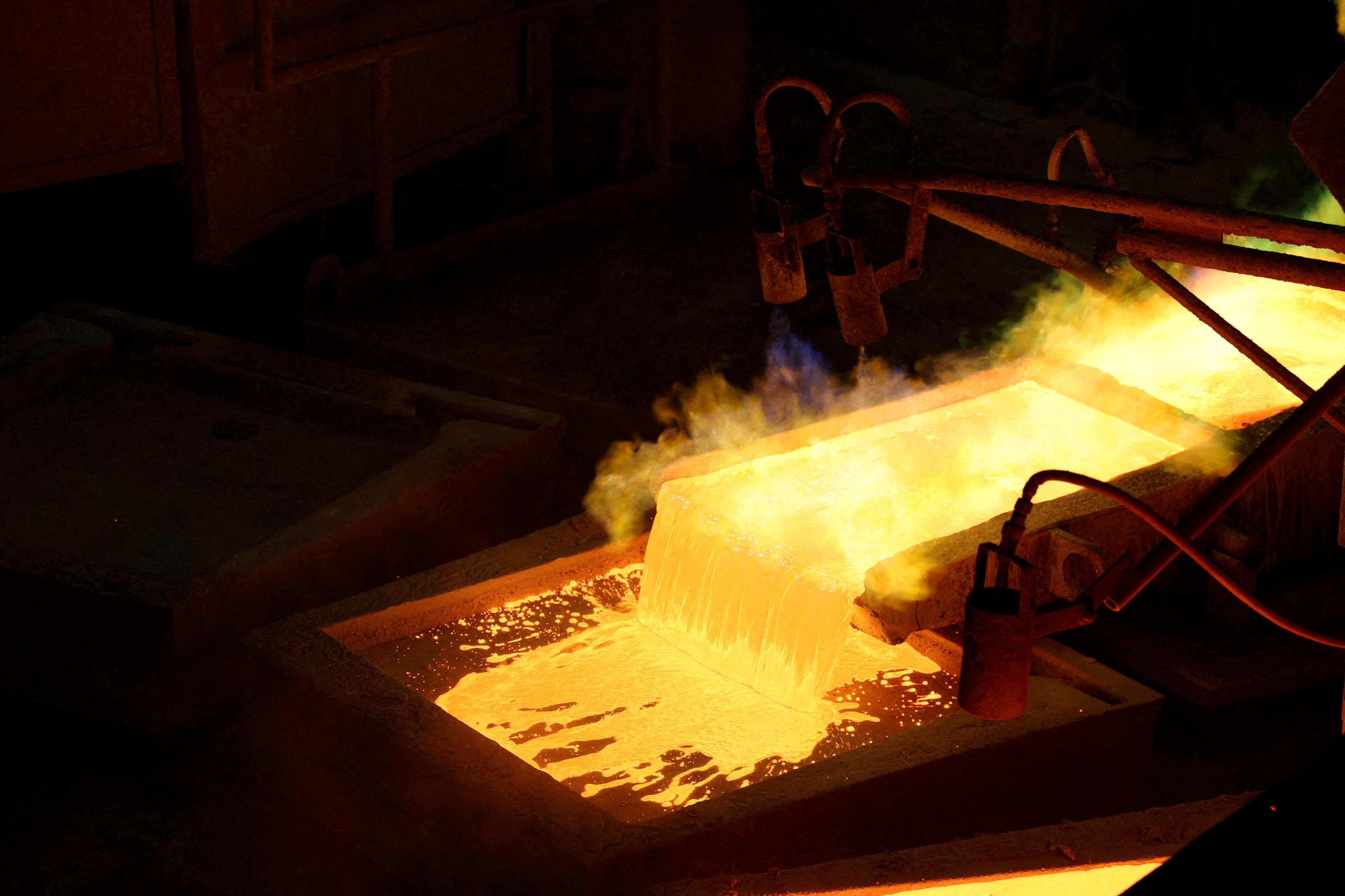 A view of molten copper at Anglo American's smelter in Chagres, Chile