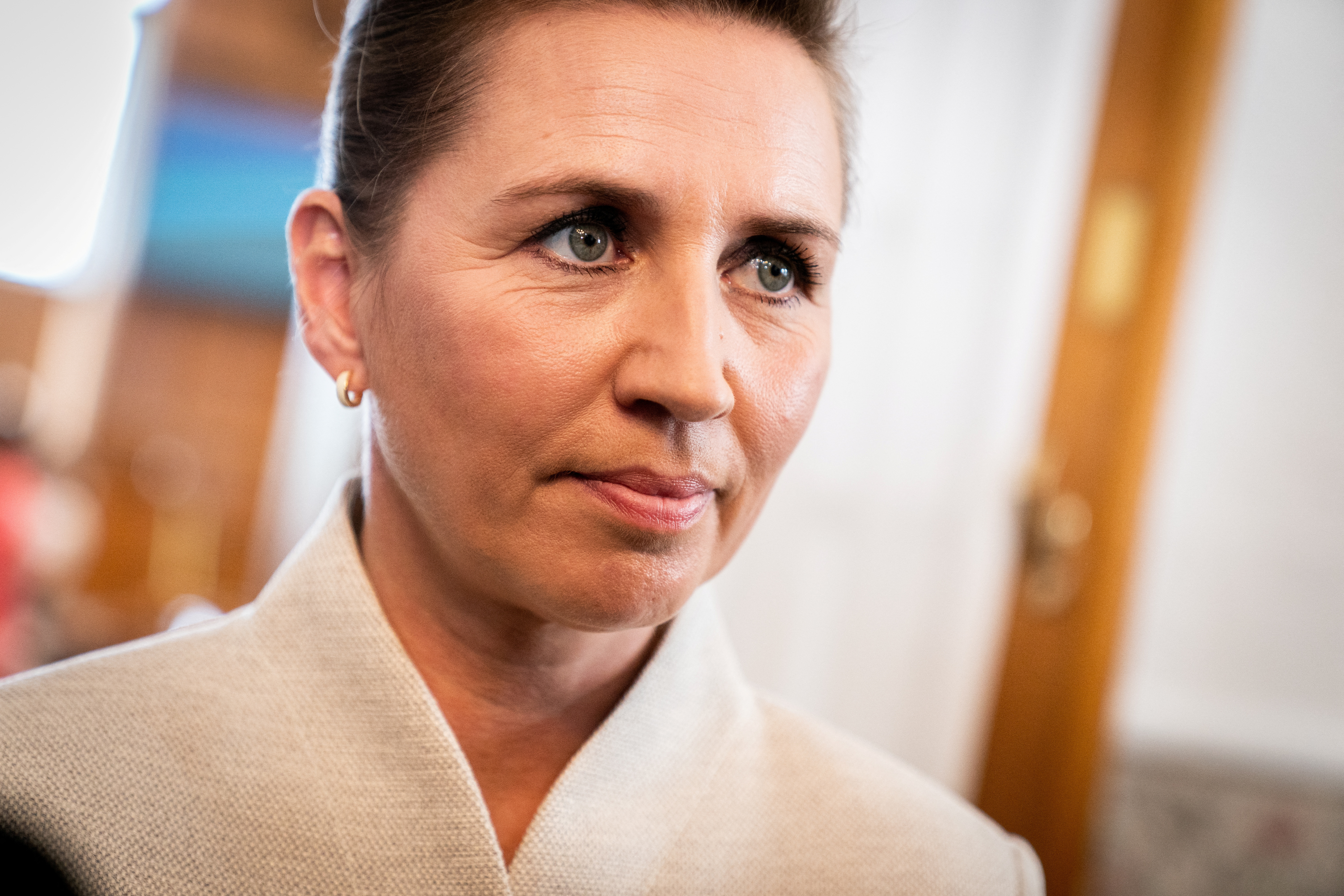 Prime Minister Mette Frederiksen speaks to the press after her opening speech at the opening of Folketing at Christiansborg Castle, Copenhagen