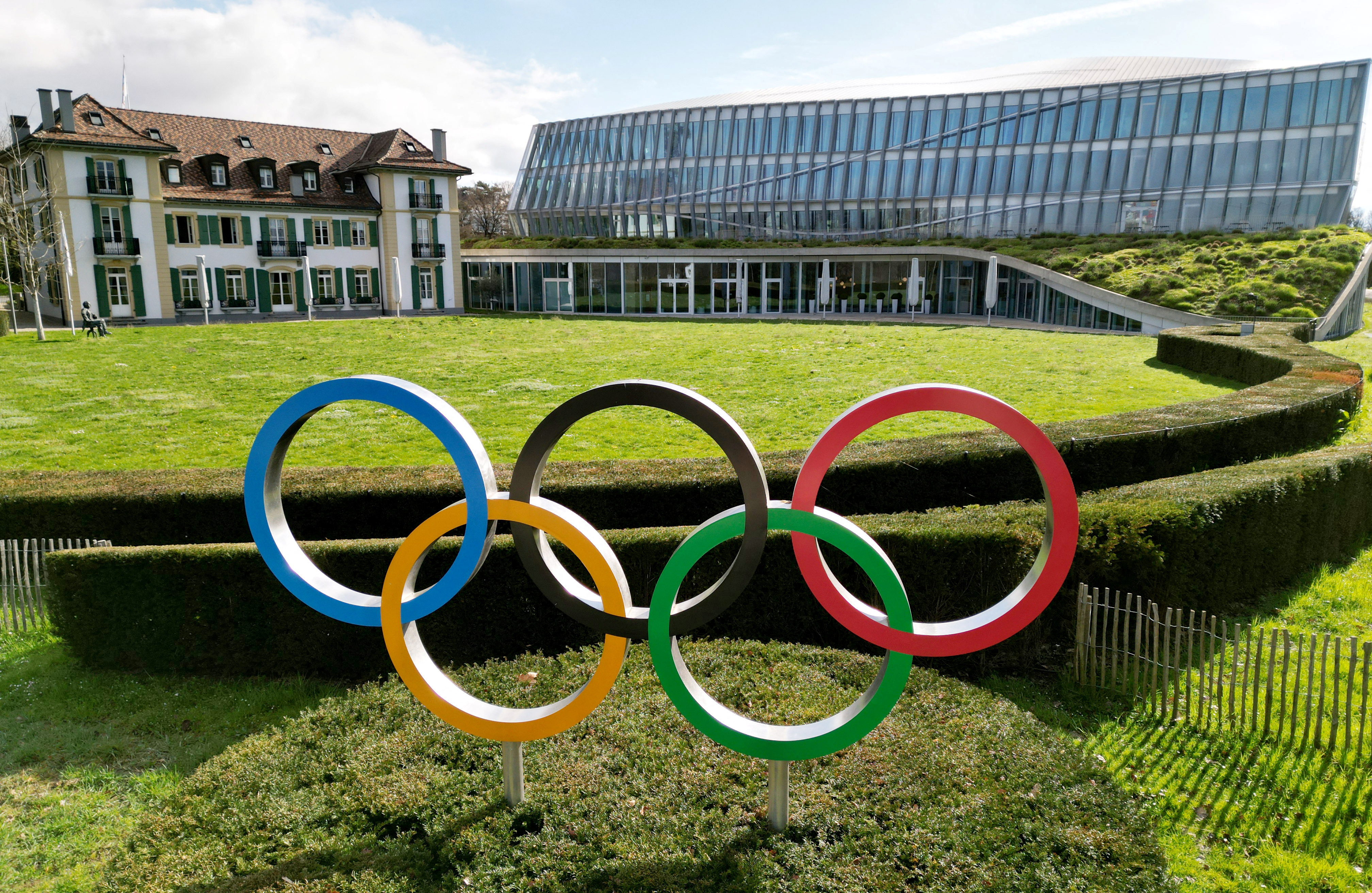 Drone view of the Olympic rings in front to International Olympic Committee (IOC) headquarters in Lausanne