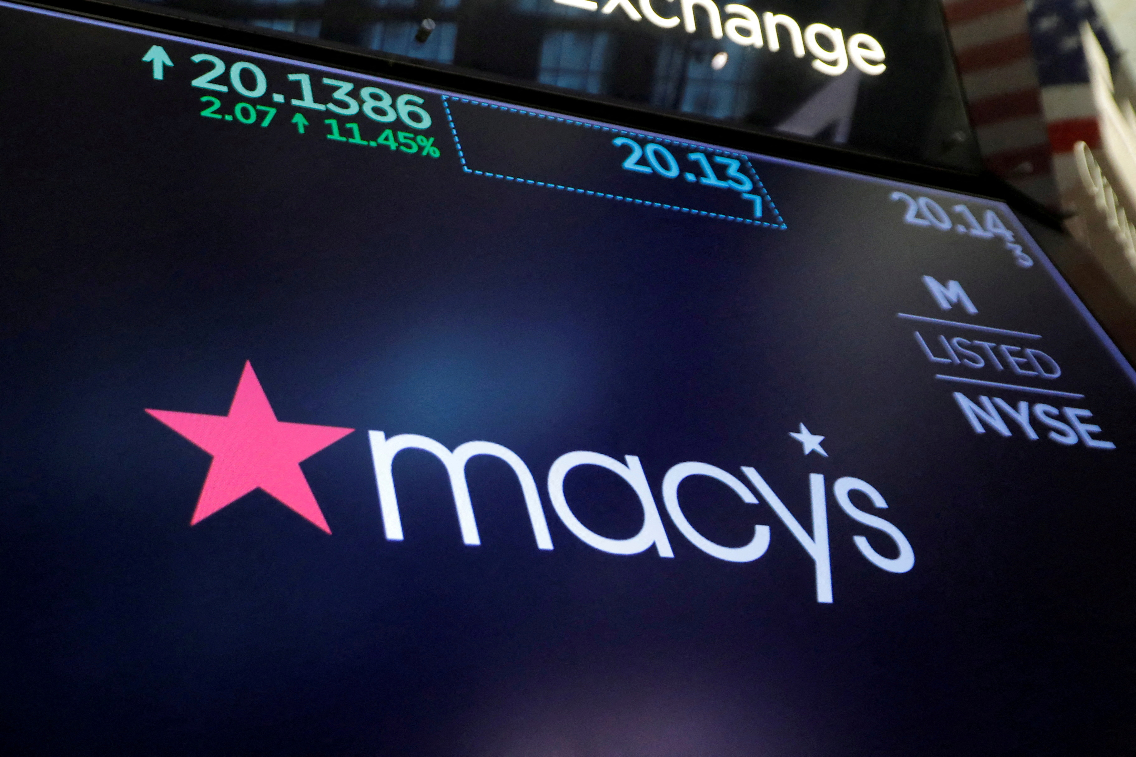 The Macy's logo is displayed on the trading floor at the New York Stock Exchange (NYSE) in Manhattan, New York City