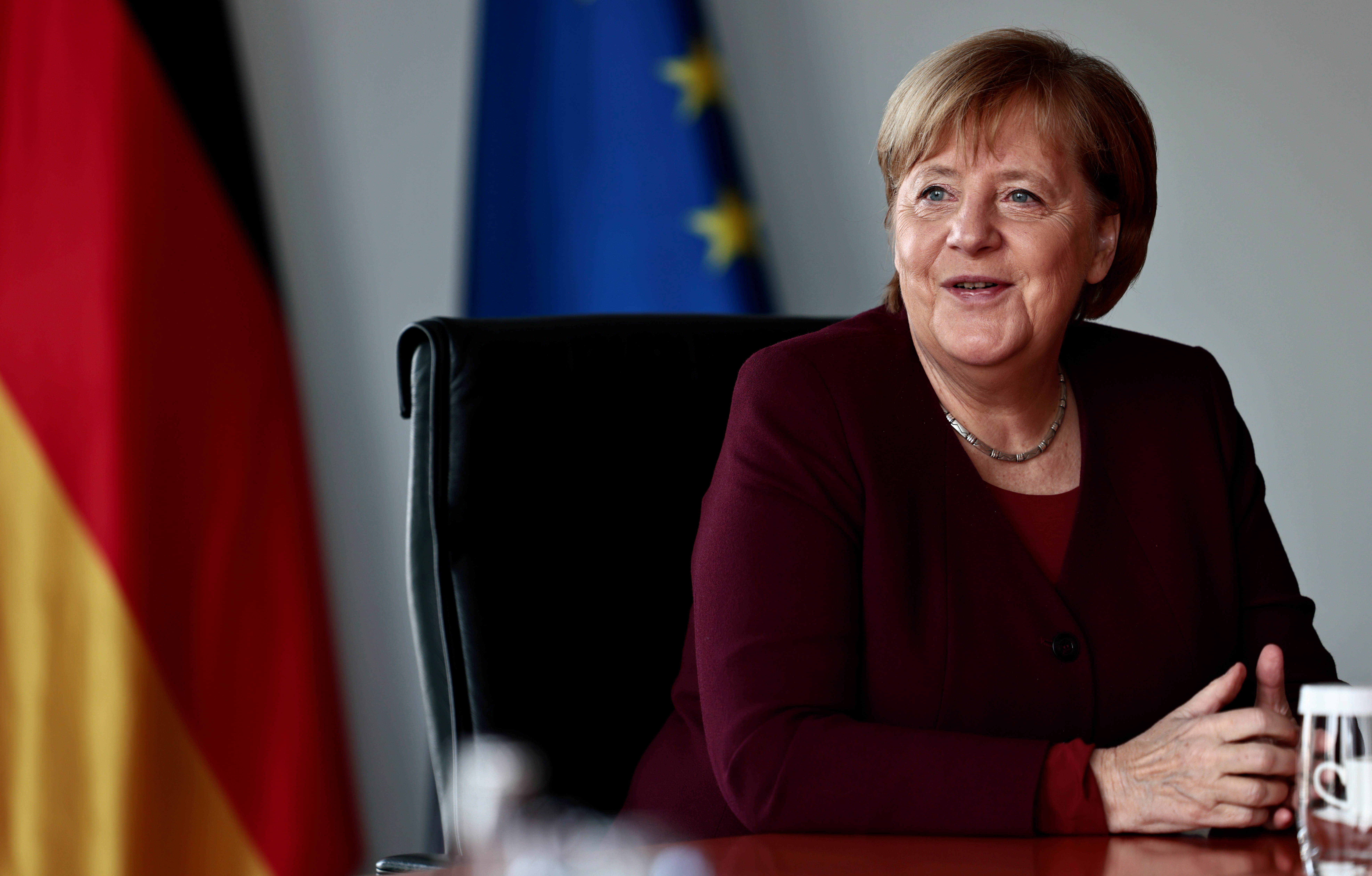 German Chancellor Angela Merkel attends a Reuters interview at the Chancellery in Berlin, Germany, November 11, 2021. REUTERS/Hannibal Hanschke