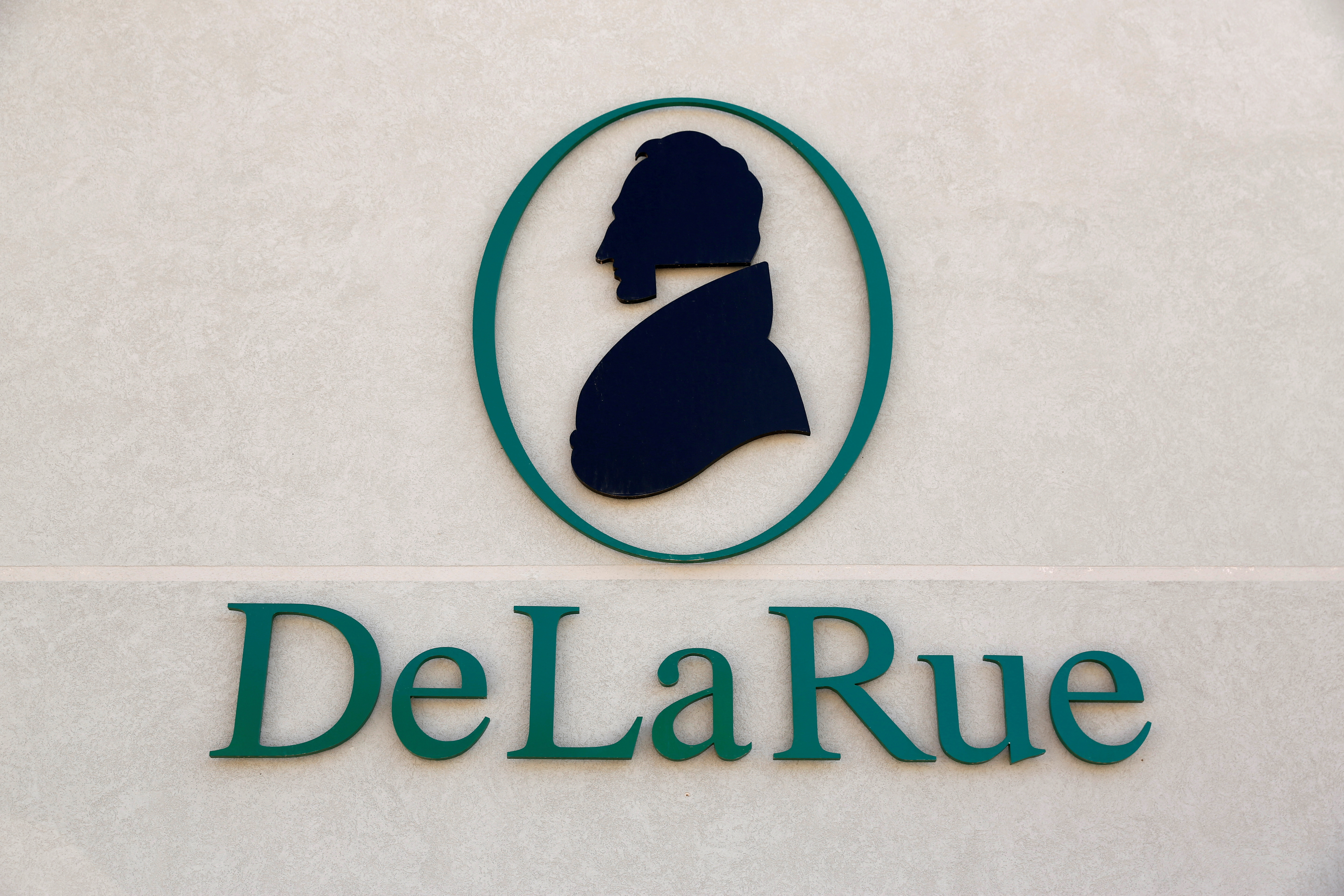 The corporate logo of De La Rue is seen at De La Rue Malta at Bulebel Industrial Estate in Zejtun