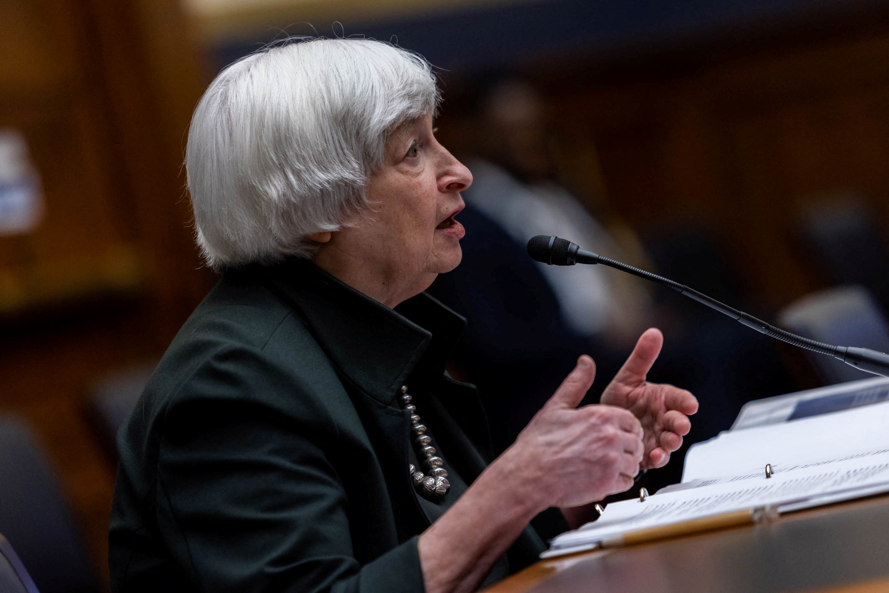 U.S. Treasury Secretary Janet Yellen testifies during a U.S. House Committee on Financial Services hearing on the Annual Report of the Financial Stability Oversight Council, on Capitol Hill in Washington, DC, U.S. May 12, 2022. Graeme Jennings/Pool via REUTERS