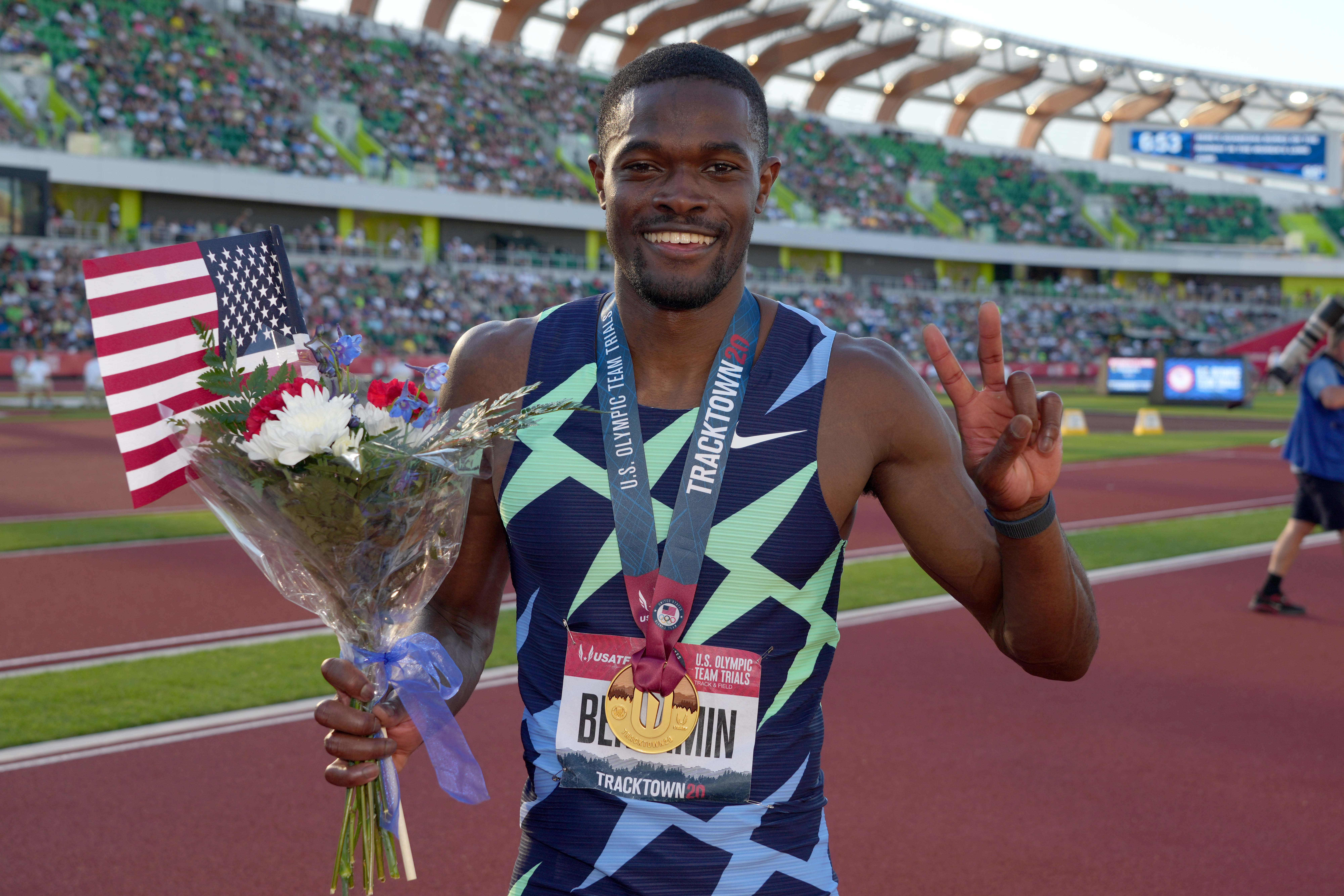 Jun 26, 2021; Eugene, OR, USA; Rai Benjamin poses after winning the 400m hurdles in a meet-record 46.83 during the US Olympic Team Trials at Hayward Field. Mandatory Credit: Kirby Lee-USA TODAY Sports