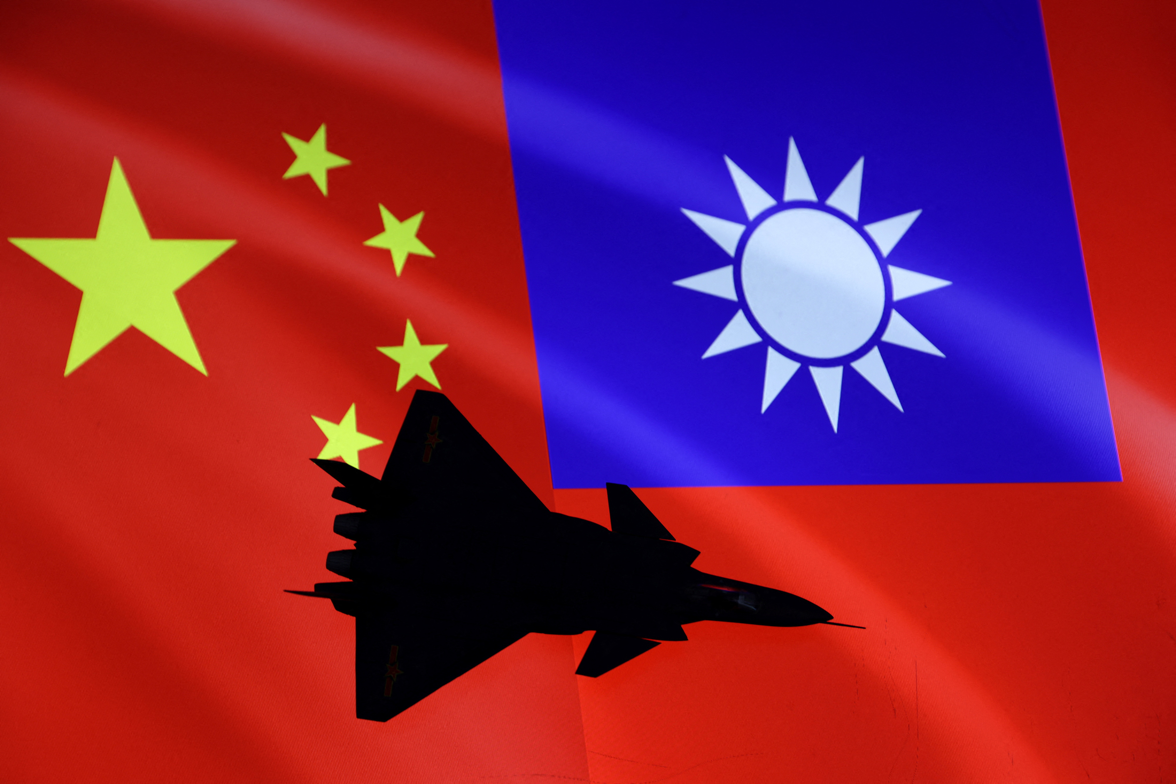 Illustration shows airplane, Chinese and Taiwanese flags
