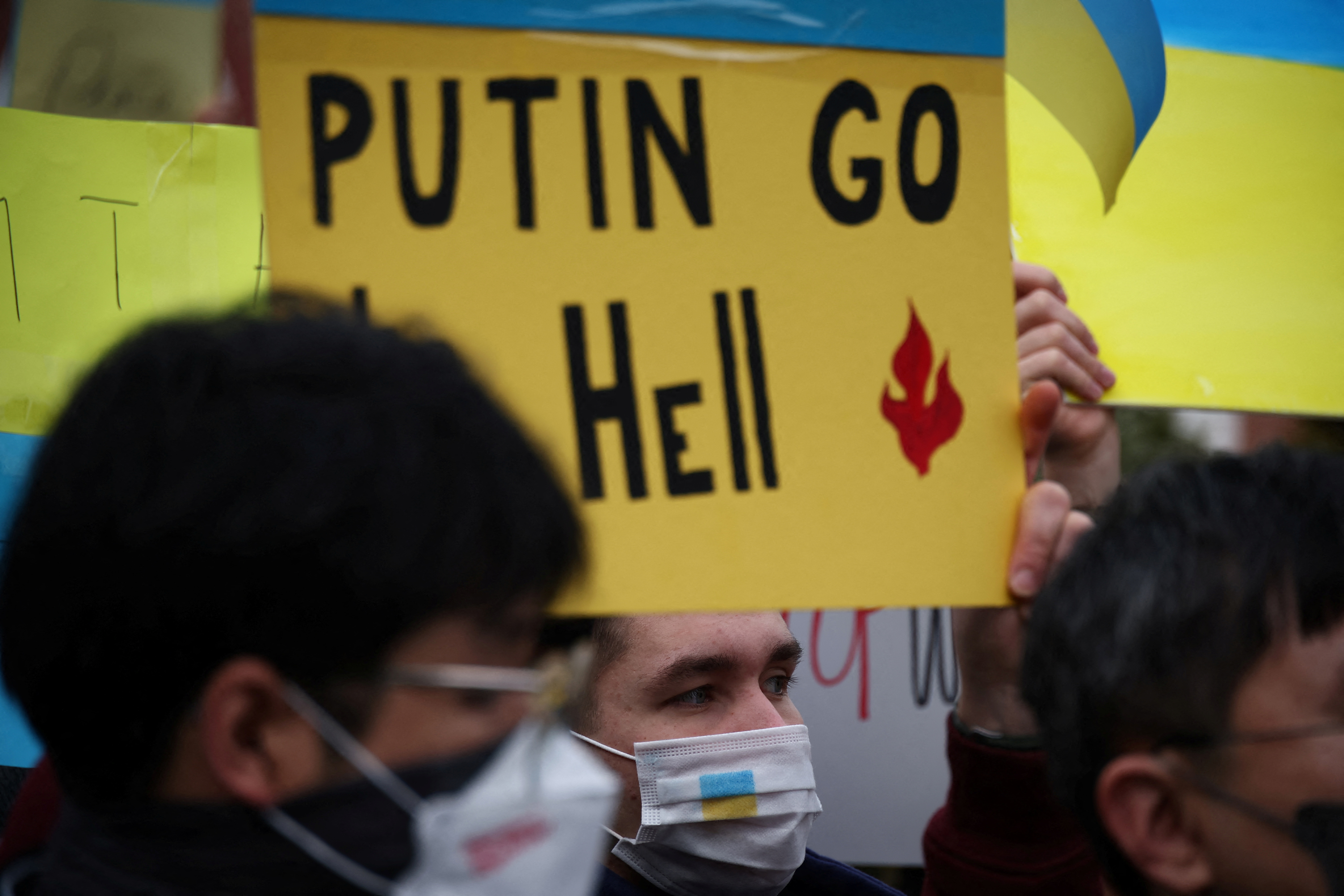 Protest against the massive military operation by Russia against Ukraine, near the Russian embassy, in Seoul