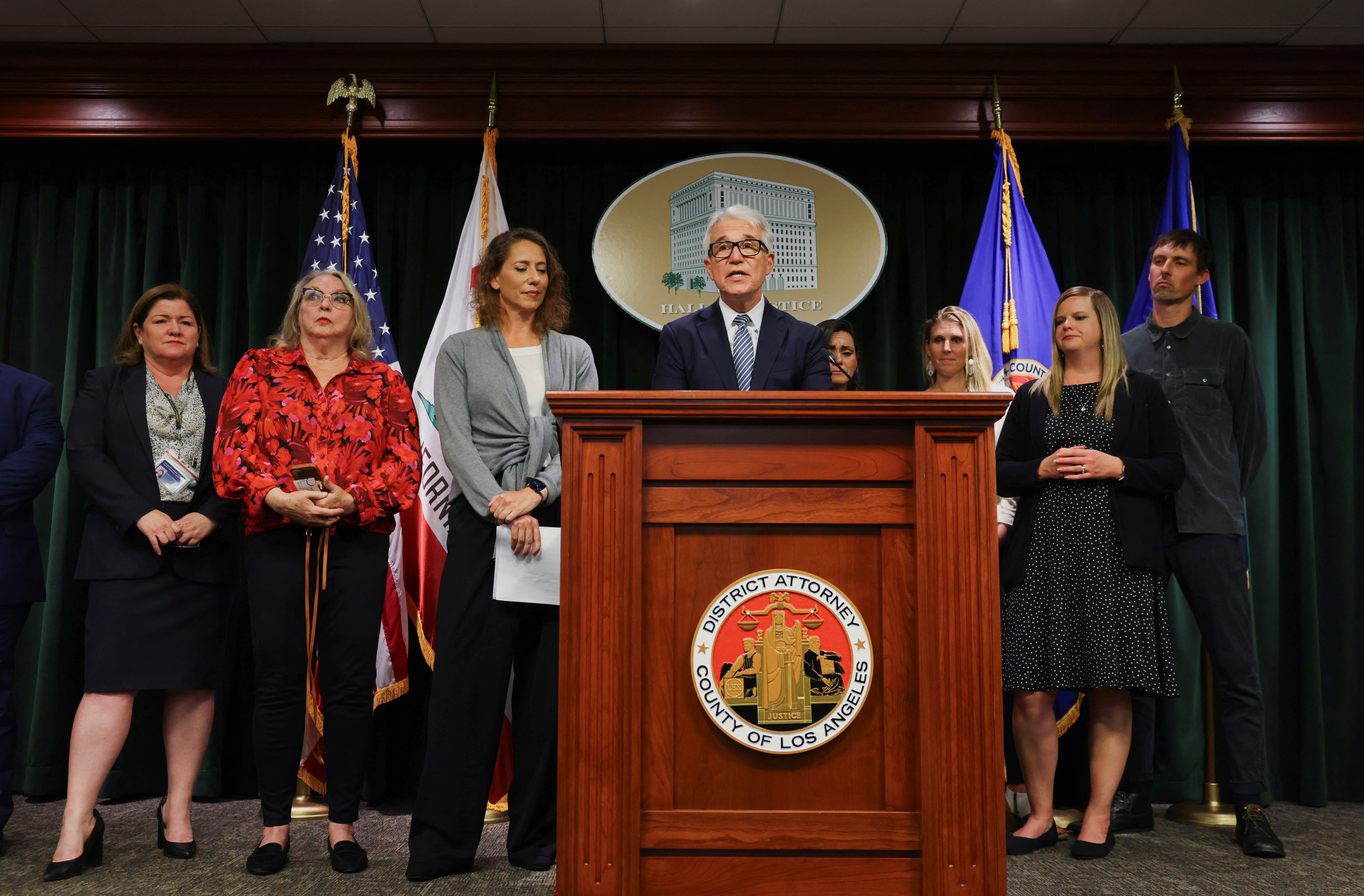 Los Angeles County District Attorney Gascon speaks during a news conference to announce a decision in the case of brothers Menendez, in Los Angeles