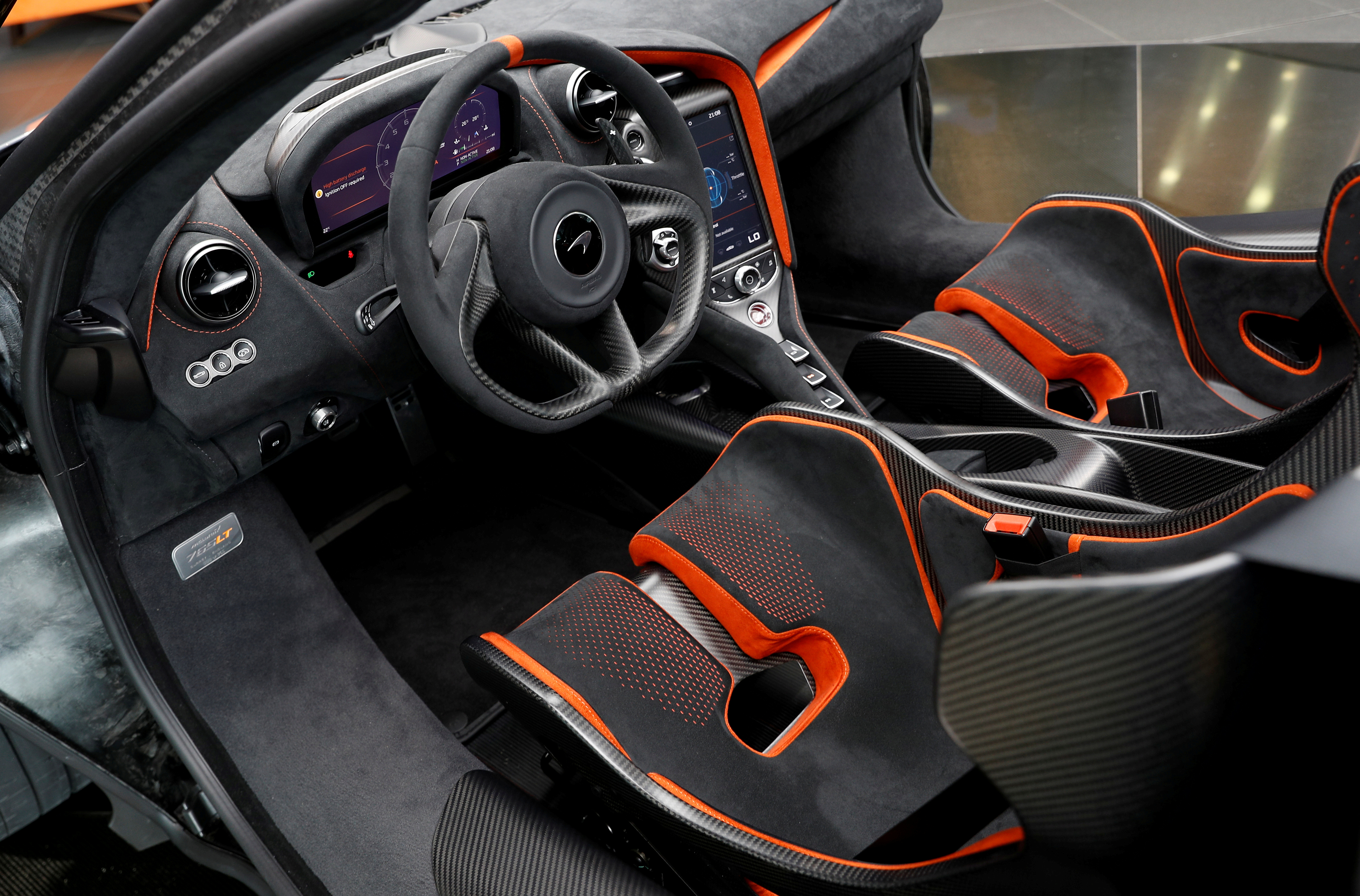 The interior of the McLaren 765LT is seen at its launch at the McLaren headquarters in Woking
