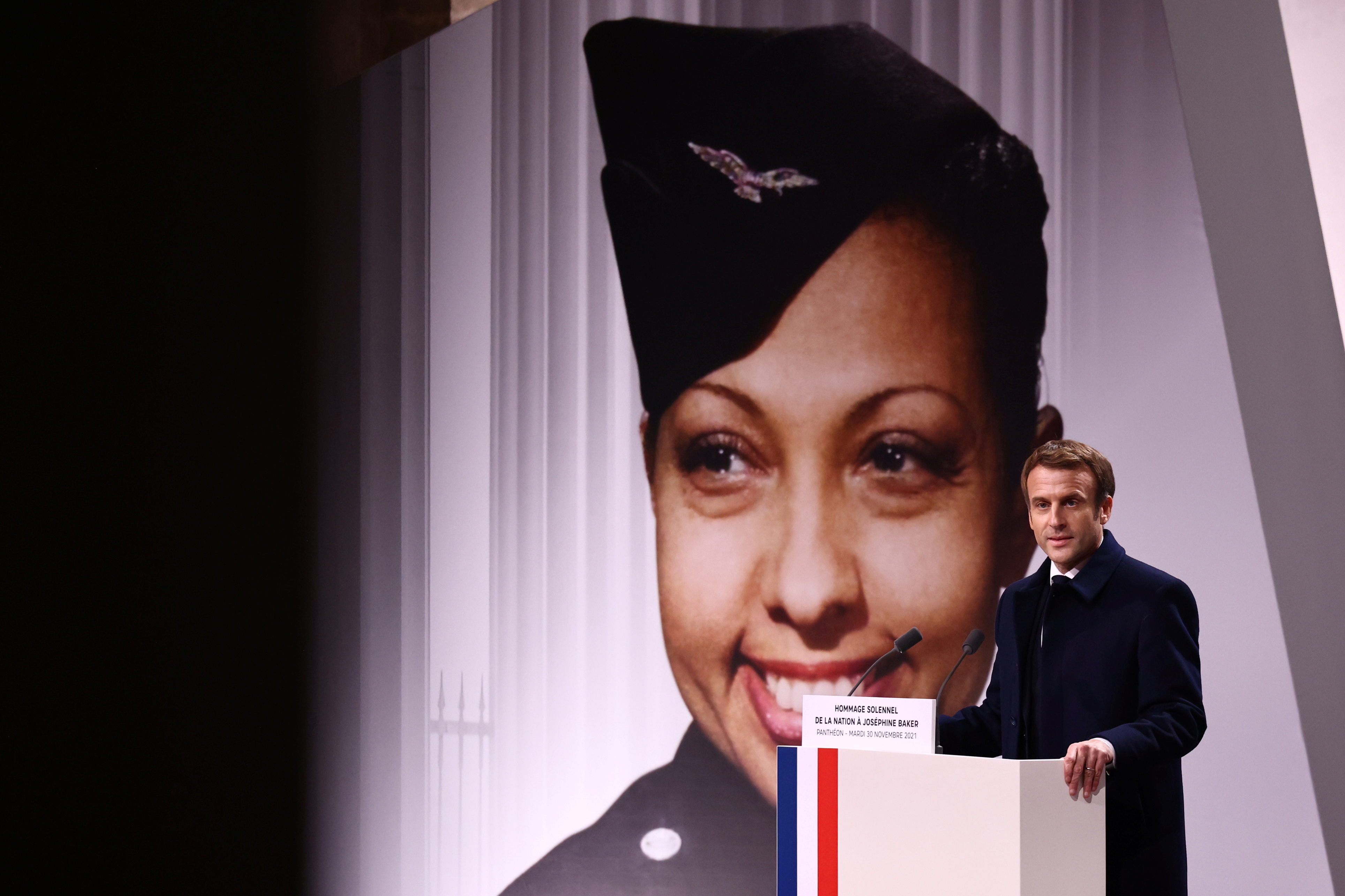 French President Emmanuel Macron delivers a speech during a ceremony honouring famed Black French-American singer and dancer Josephine Baker during her induction ceremony into the Pantheon where key figures from France's history are honoured, in Paris, France, November 30, 2021. REUTERS/Sarah Meyssonnier/Pool