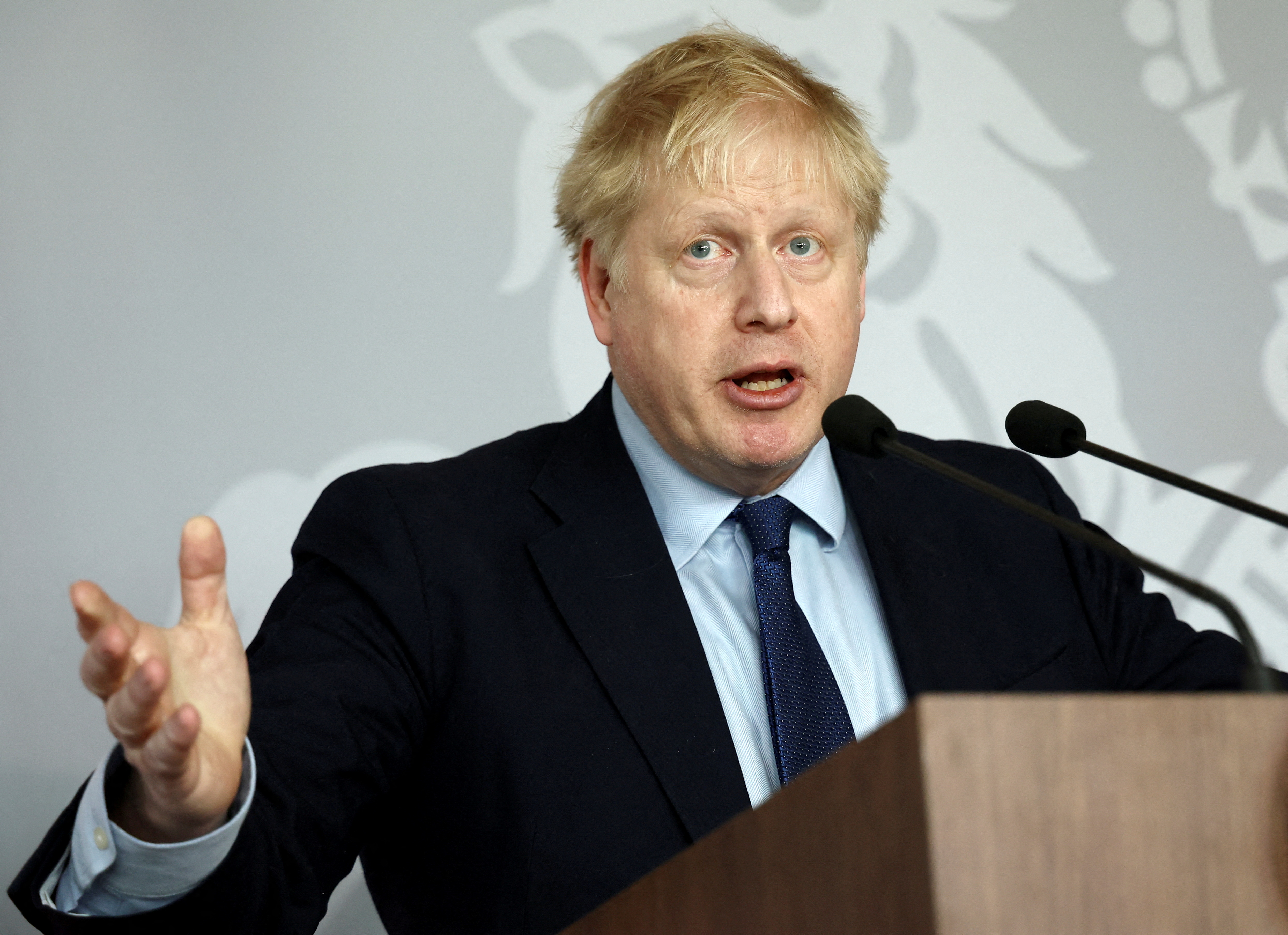 British Prime Minister Boris Johnson holds a news conference at British Embassy in Warsaw