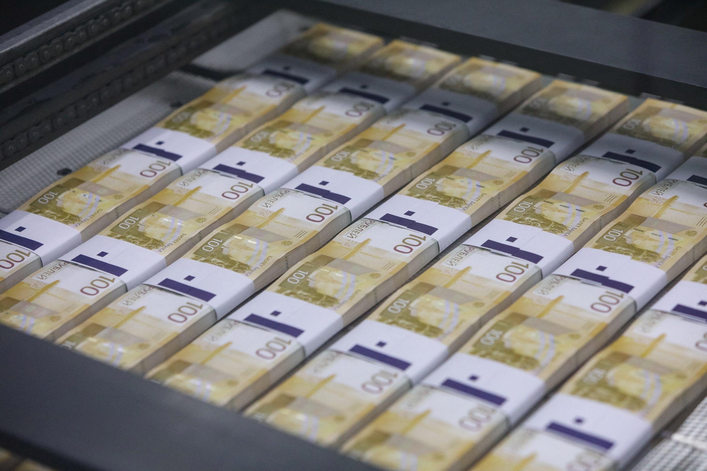 The newly designed Russian 100-rouble banknotes are seen at Goznak printing factory in Moscow