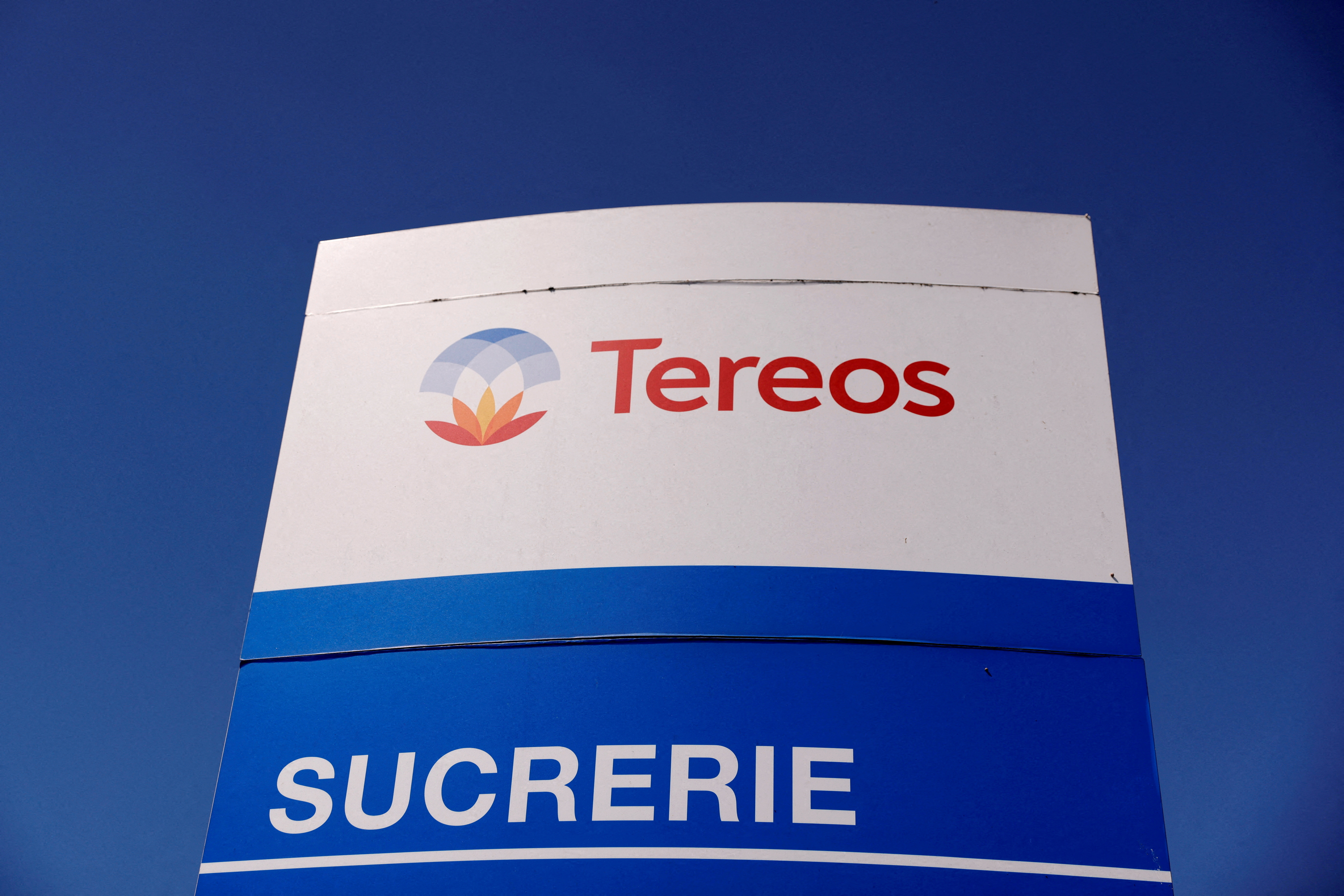 Tereos logo at the entrance of the company's sugar factory in Escaudoeuvres