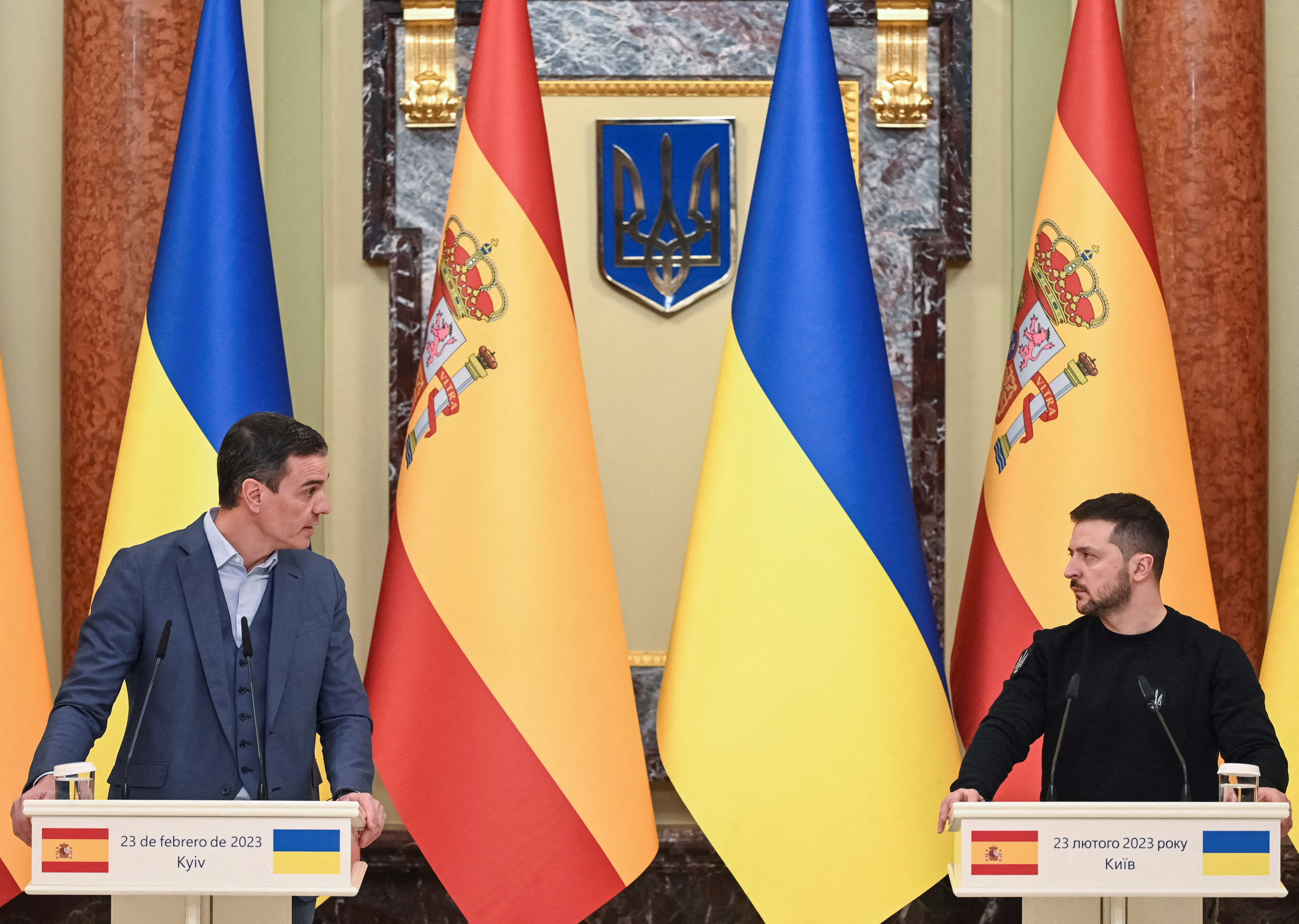 Ukraine's President Volodymyr Zelenskiy and Spain's Prime Minister Pedro Sanchez attend a joint news briefing