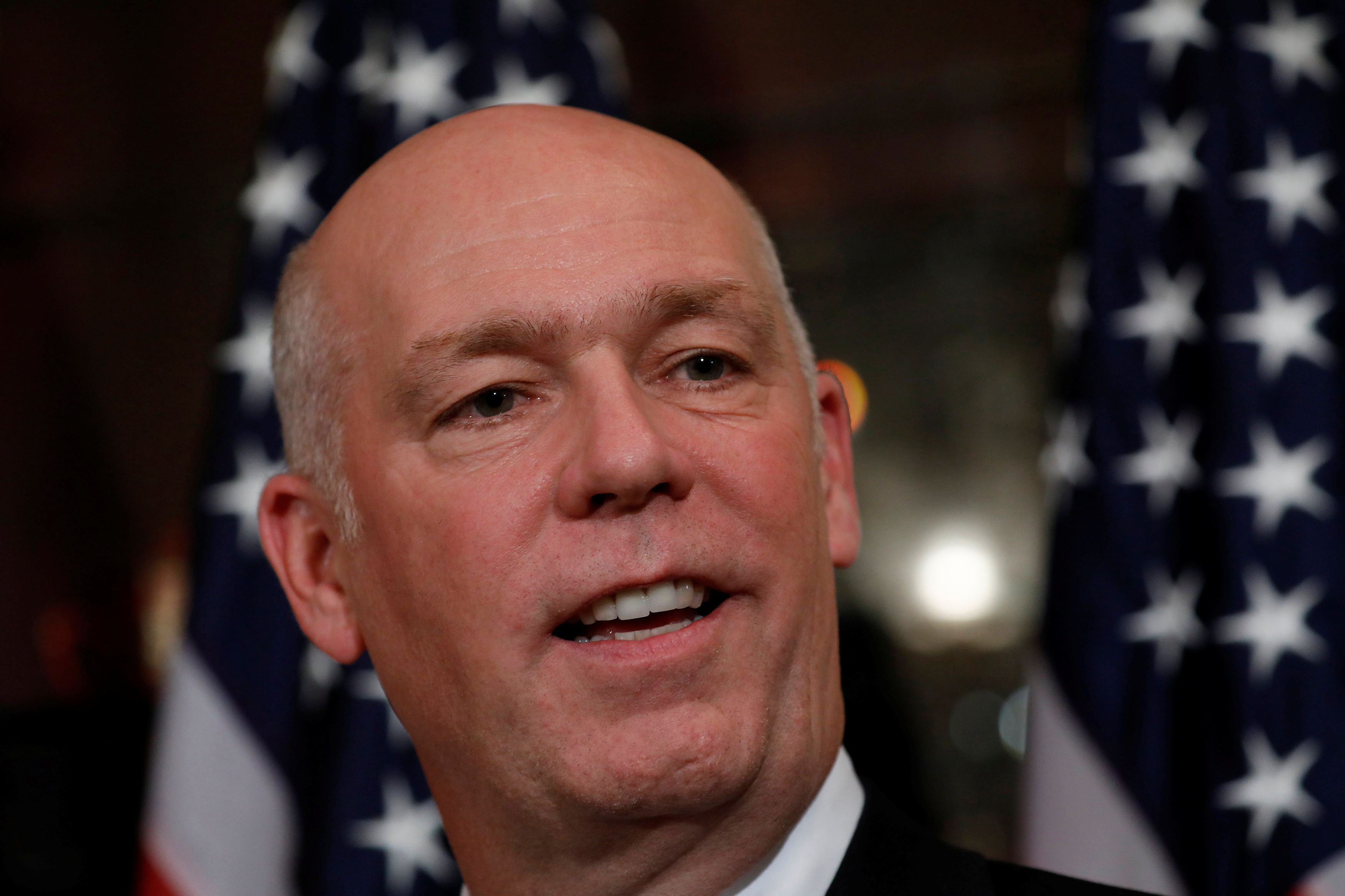 Rep. Greg Gianforte (R-MT) speaks with reporters prior to a ceremonial swearing-in ceremony at the U.S. Capitol Building in Washington