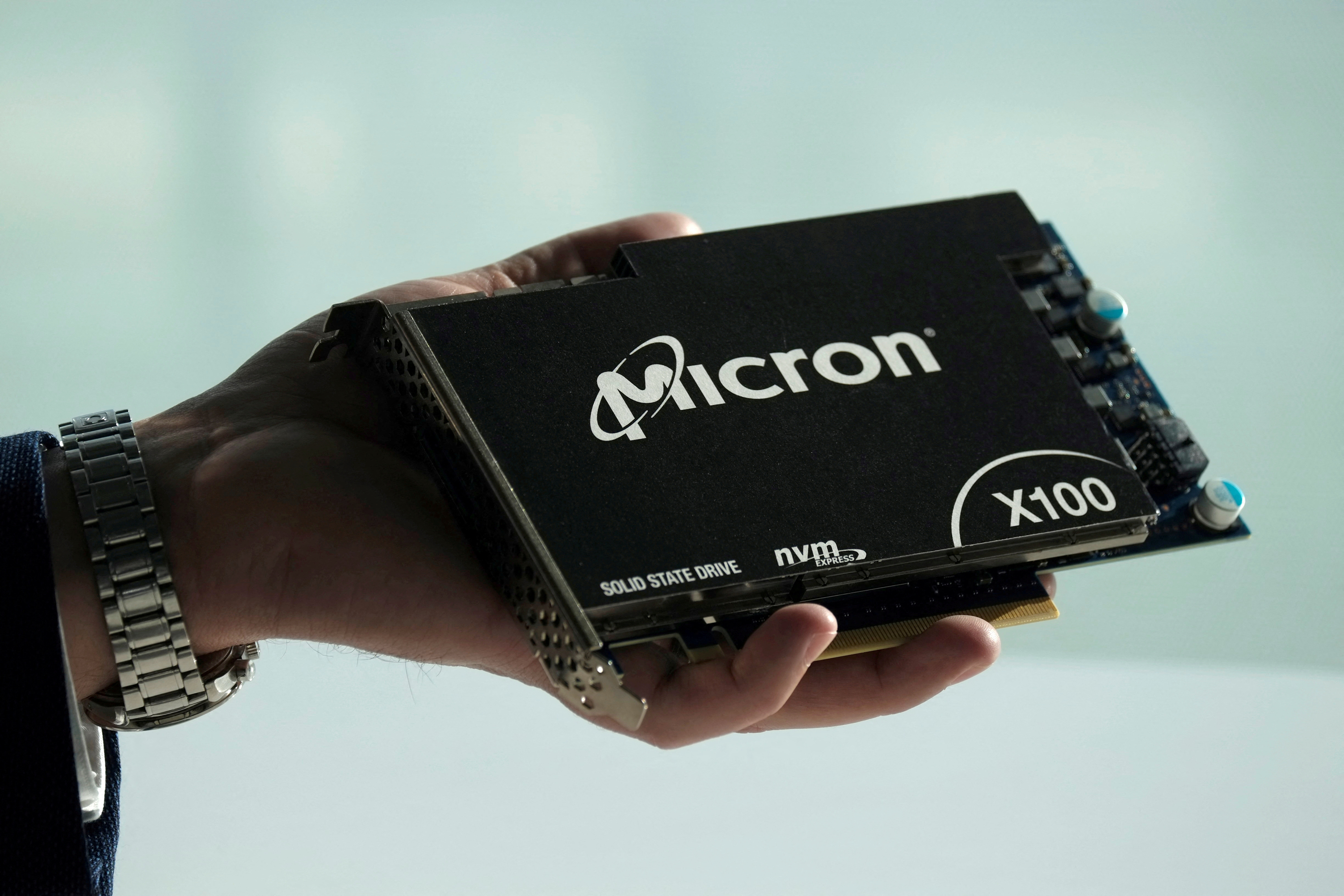 Micron Technology's solid-state drive for data center customers is presented at a product launch event in San Francisco
