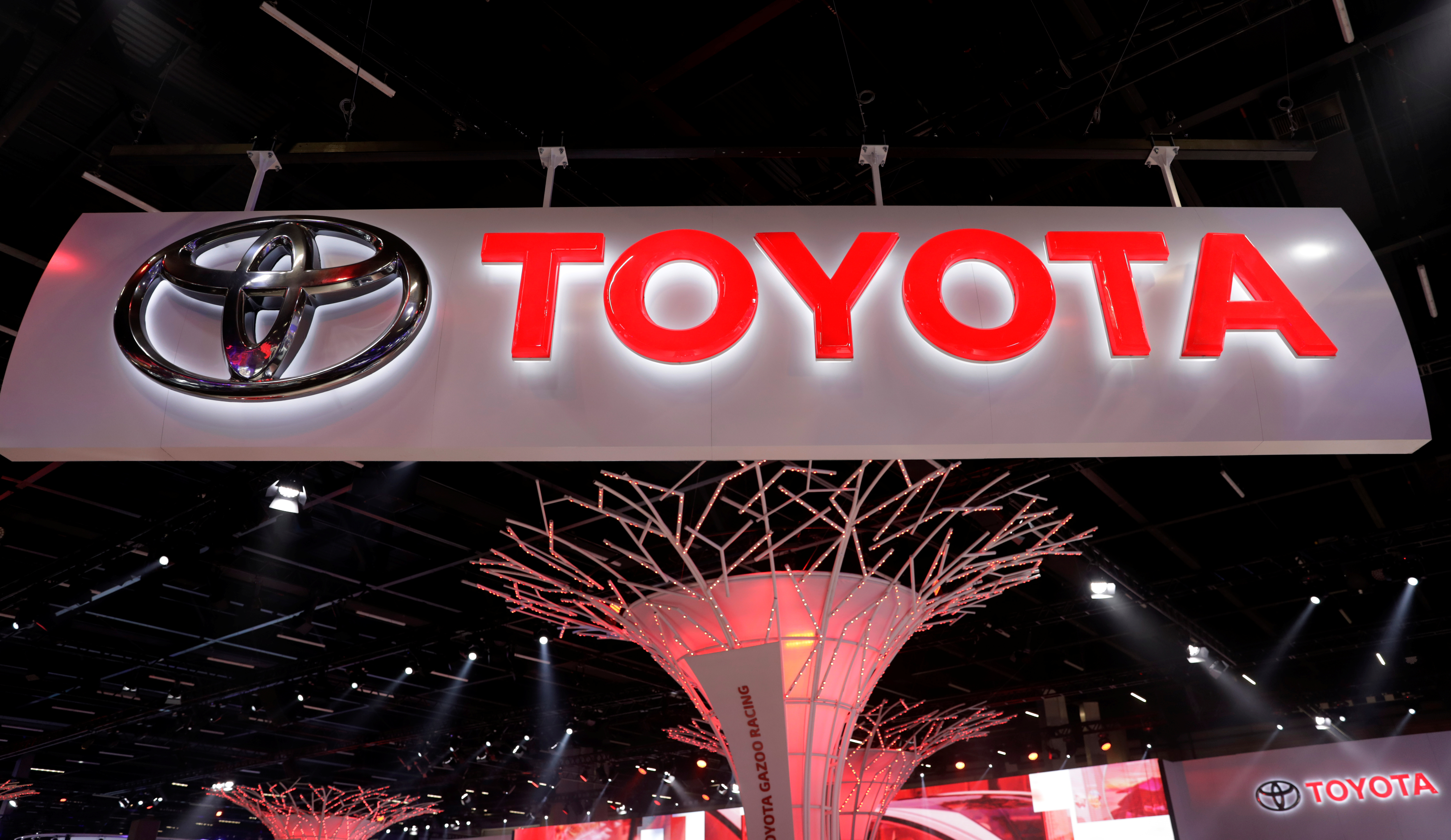 The Toyota logo is pictured during the media day of the  Salao do Automovel International Auto Show in Sao Paulo