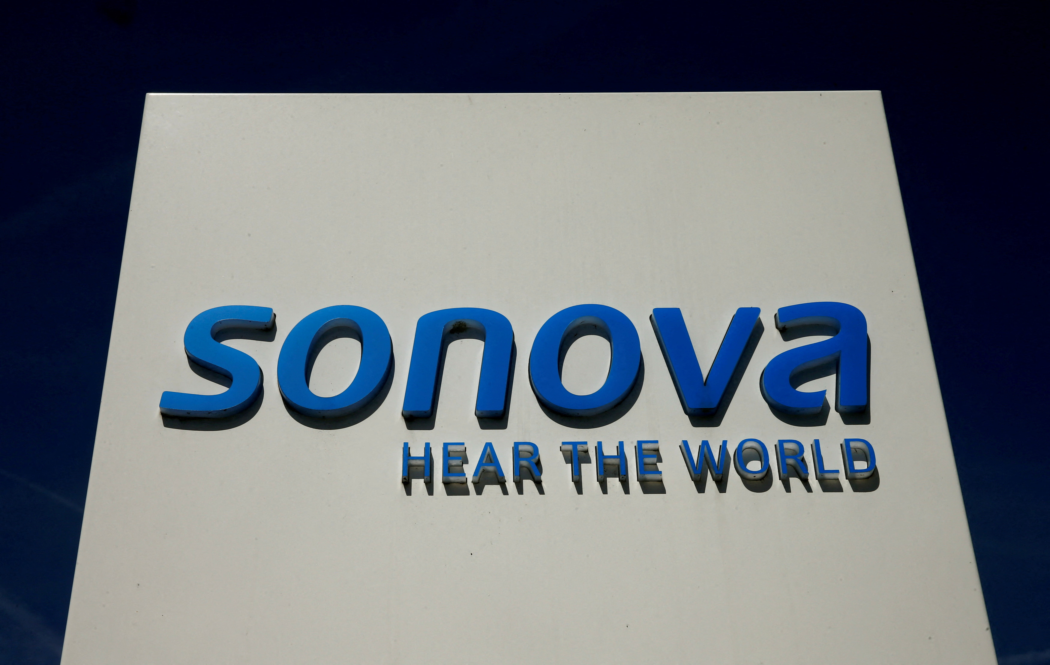 Logo of Swiss hearing aid maker Sonova is seen in Staefa