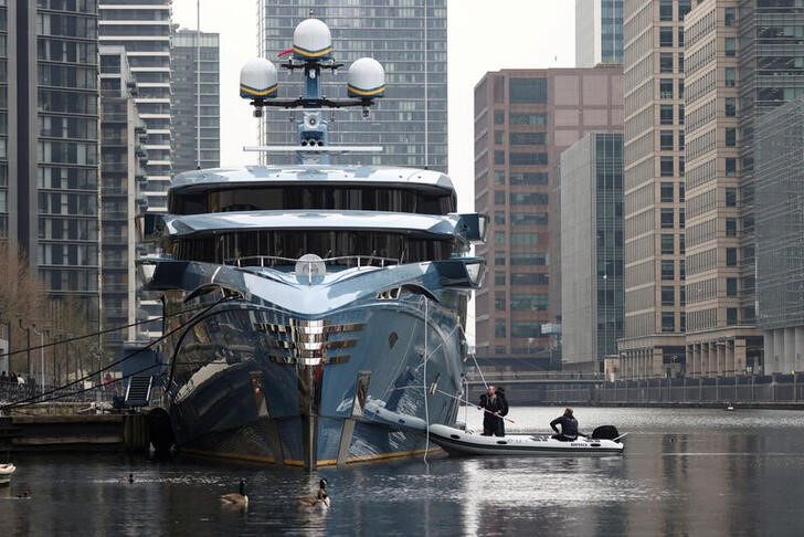 Detained Russian-owned superyacht Phi is seen in West India and Millwall Docks in London