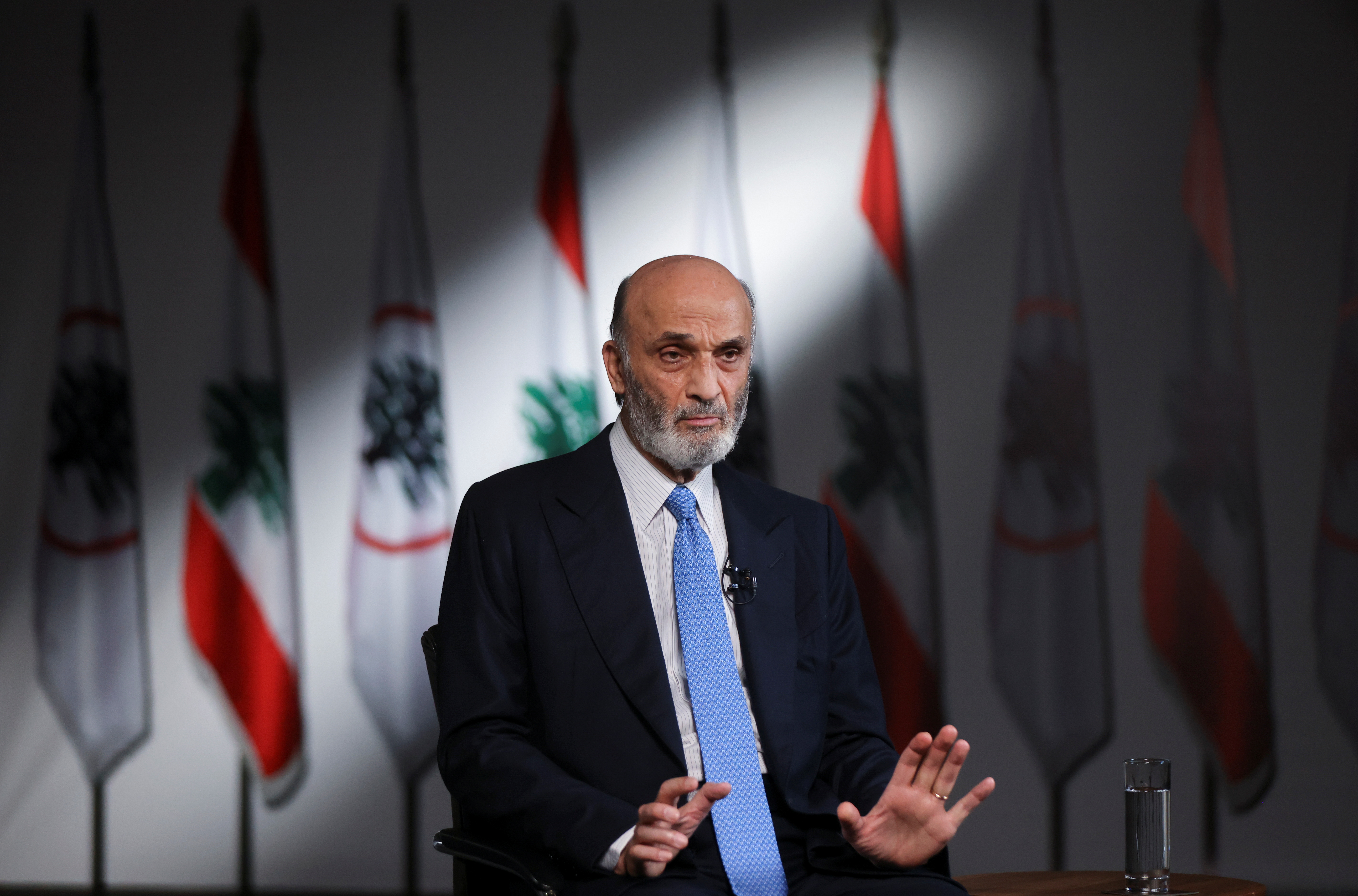 Samir Geagea, the leader of Lebanon's Christian Lebanese Forces (LF) party, speaks during an interview with Reuters at his residence in Maarab, Lebanon November 29, 2021. REUTERS/Mohamed Azakir