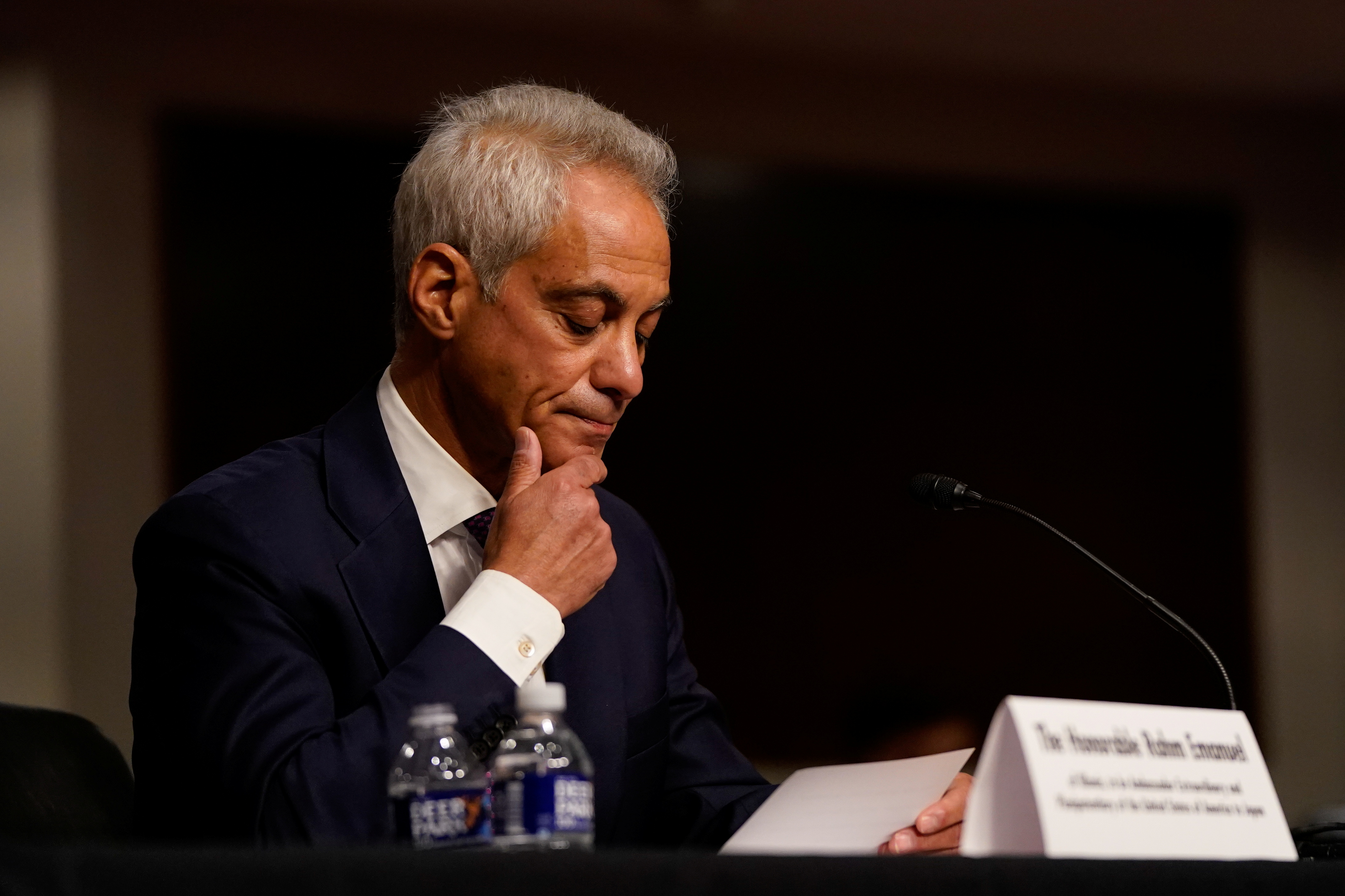Former Chicago Mayor Rahm Emanuel pauses while giving his opening statement during the Senate Foreign Relations Committee hearing on his nomination to be the United States Ambassador to Japan, on Capitol Hill in Washington, U.S., October 20, 2021. REUTERS/Elizabeth Frantz
