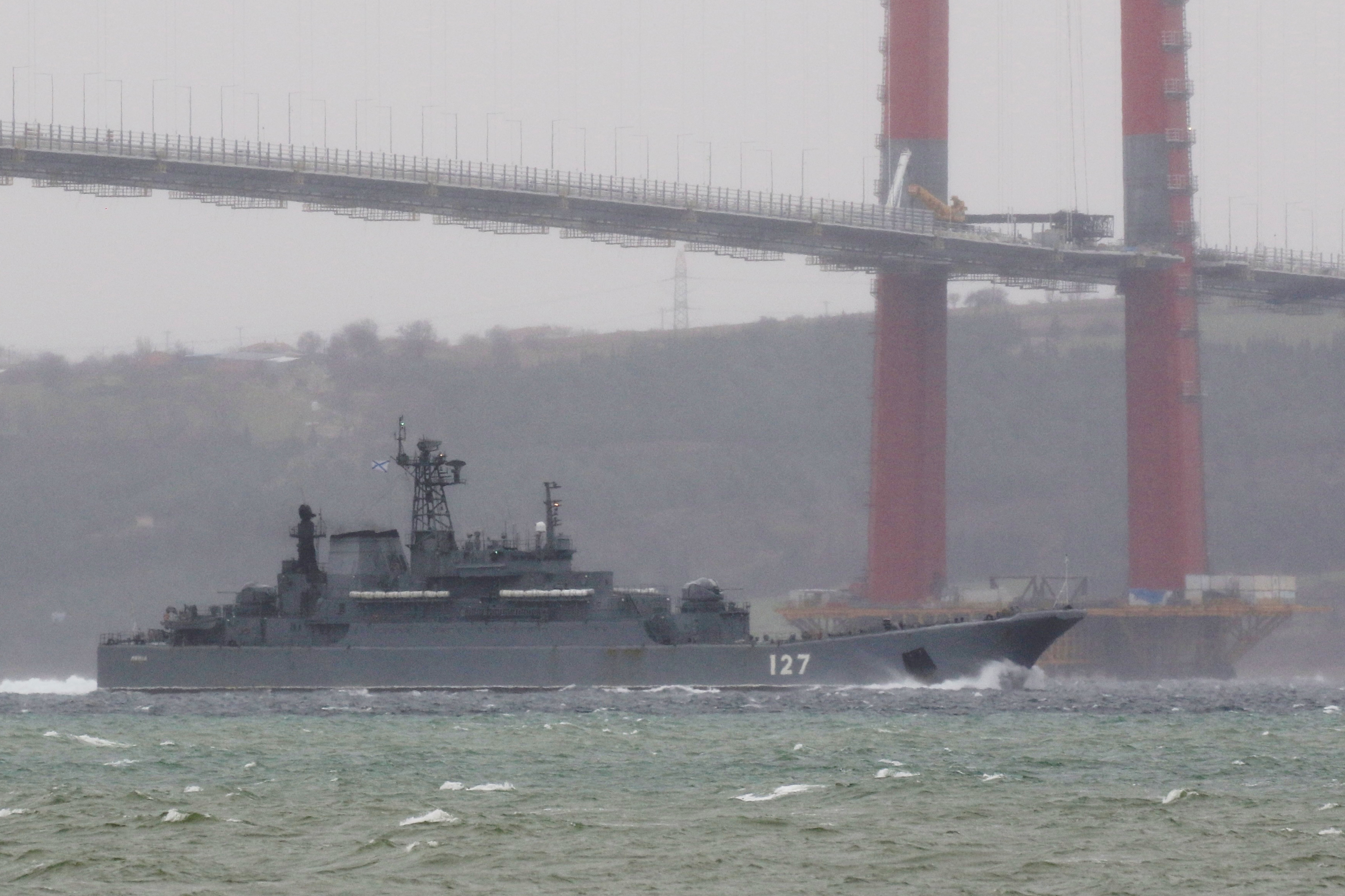 The Russian Navy's landing ship Minsk sets sail in the Dardanelles