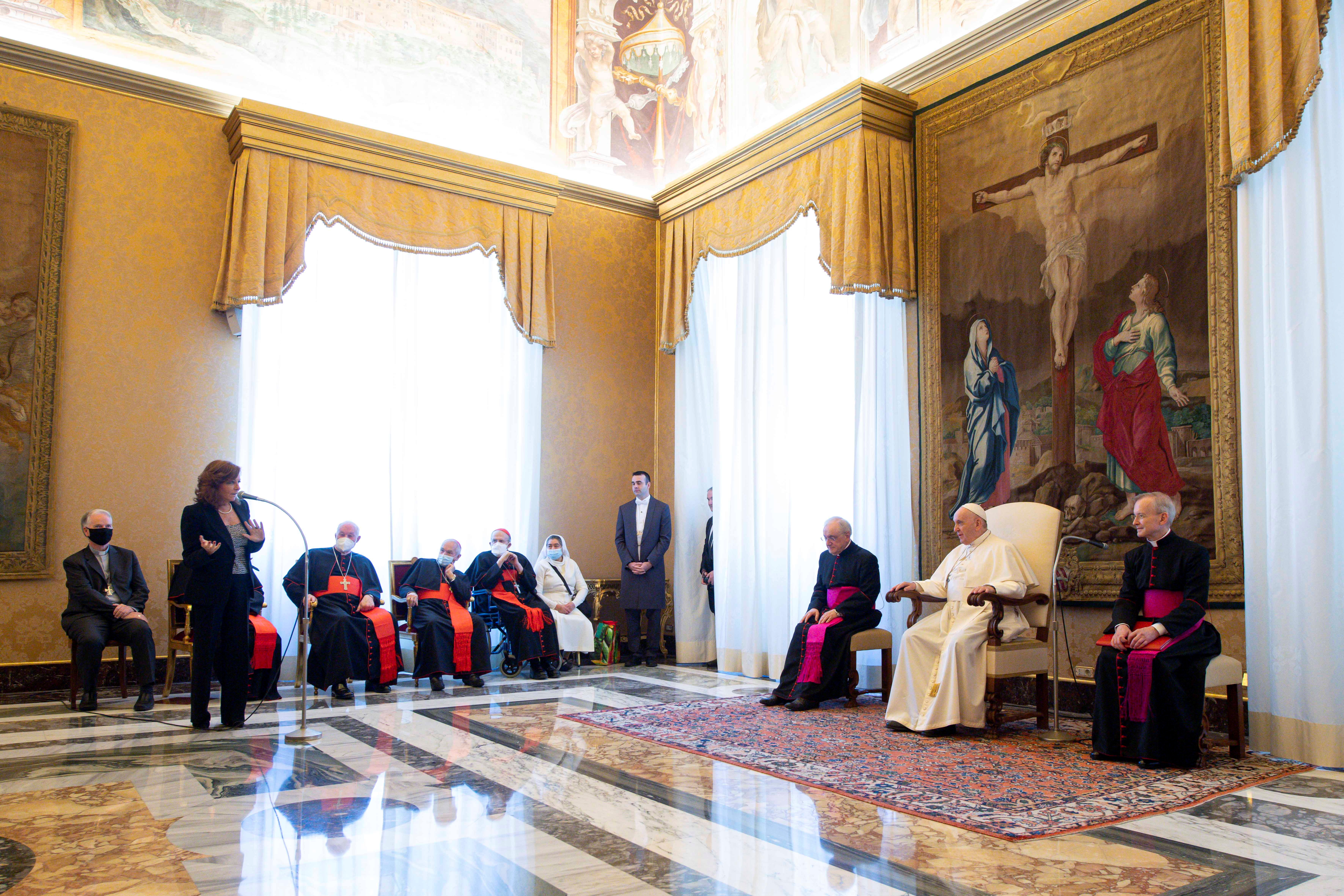 Pope Francis attends a ceremony to honour veteran Vatican correspondents Philip Pullella and Valentina Alazraki at the Vatican