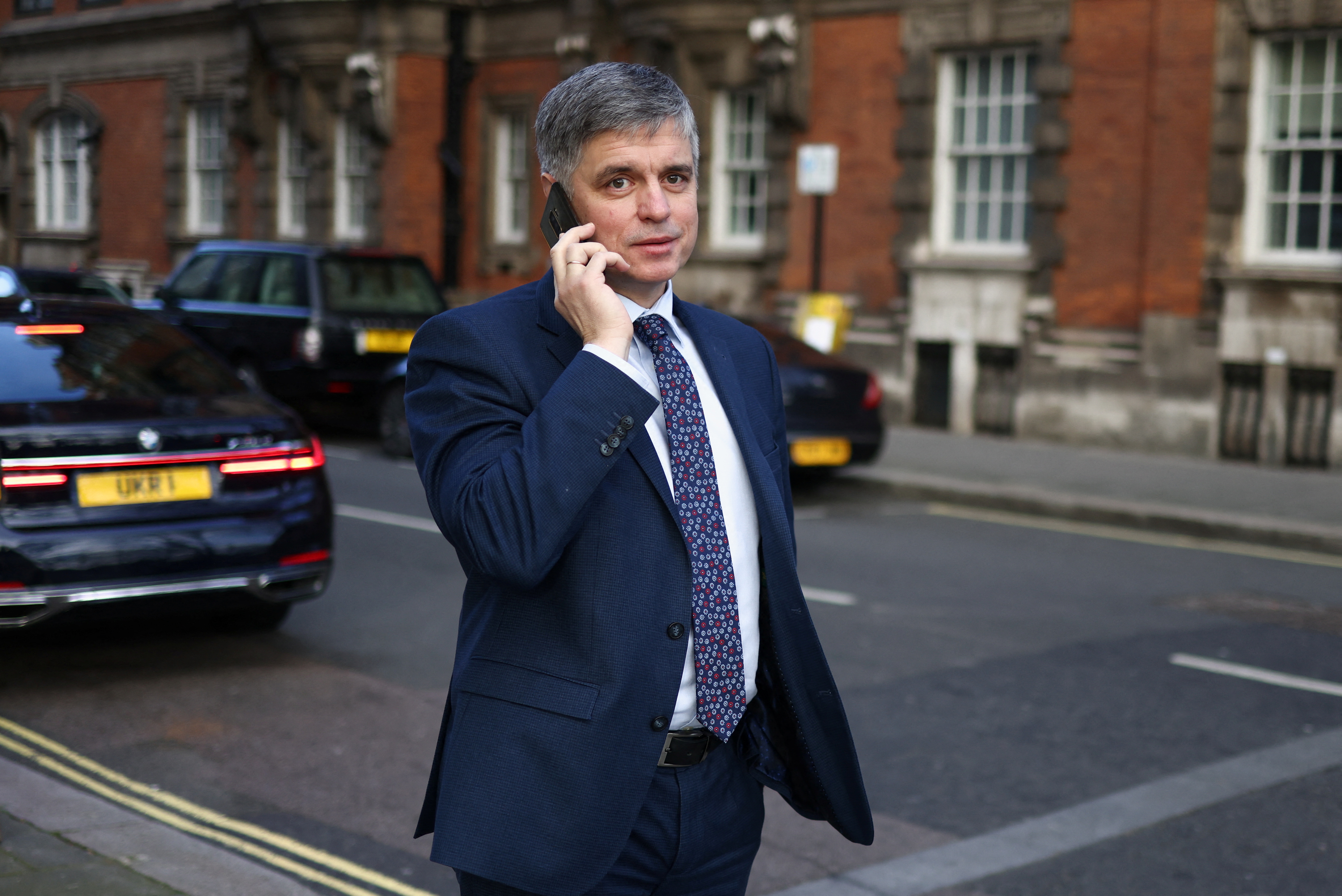 Ukraine's ambassador to the UK, Vadym Prystaiko walks in Westminster