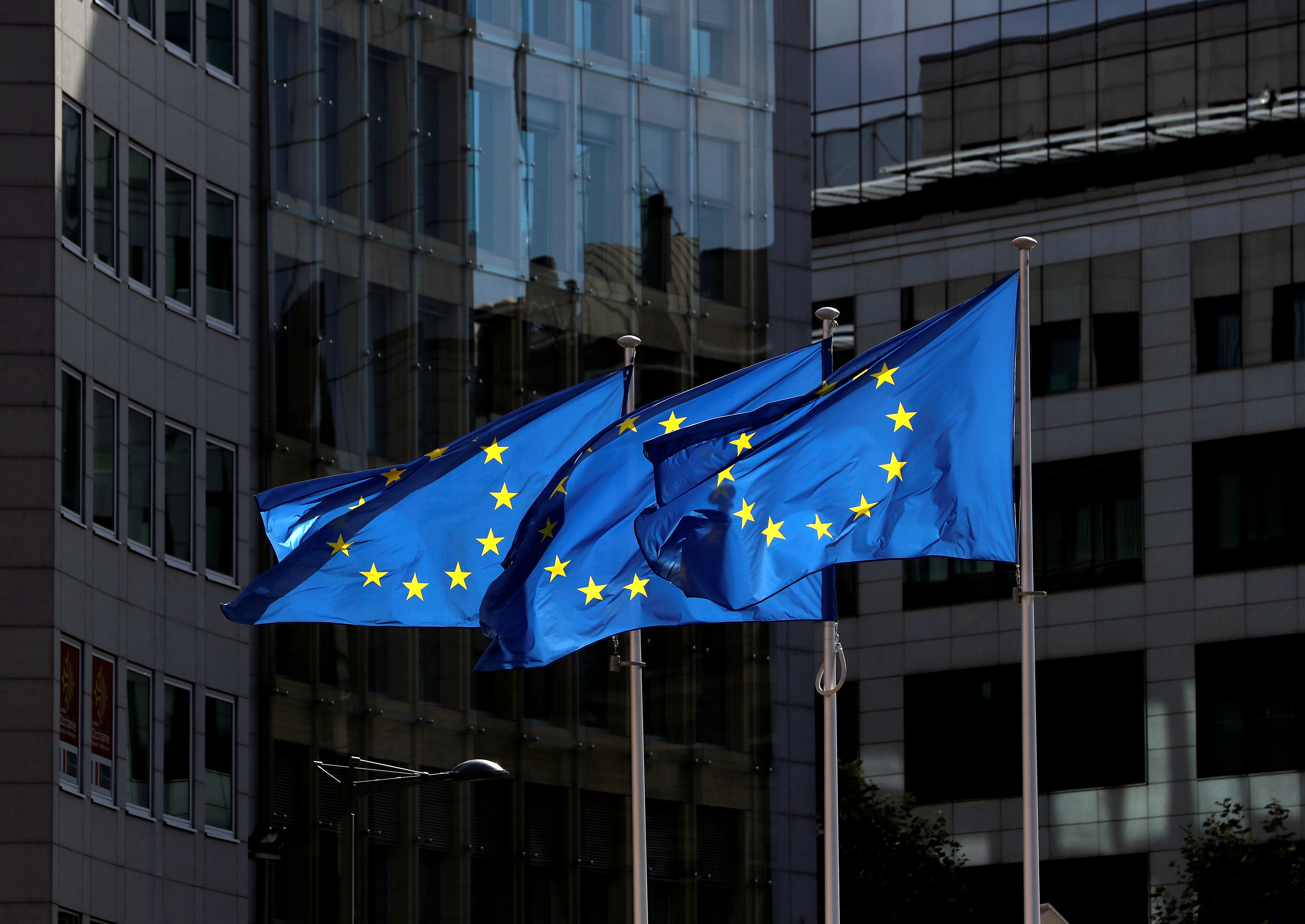 European Union flags flutter outside the European Commission headquarters in Brussels, Belgium August 21, 2020. REUTERS/Yves Herman/File Photo/File Photo