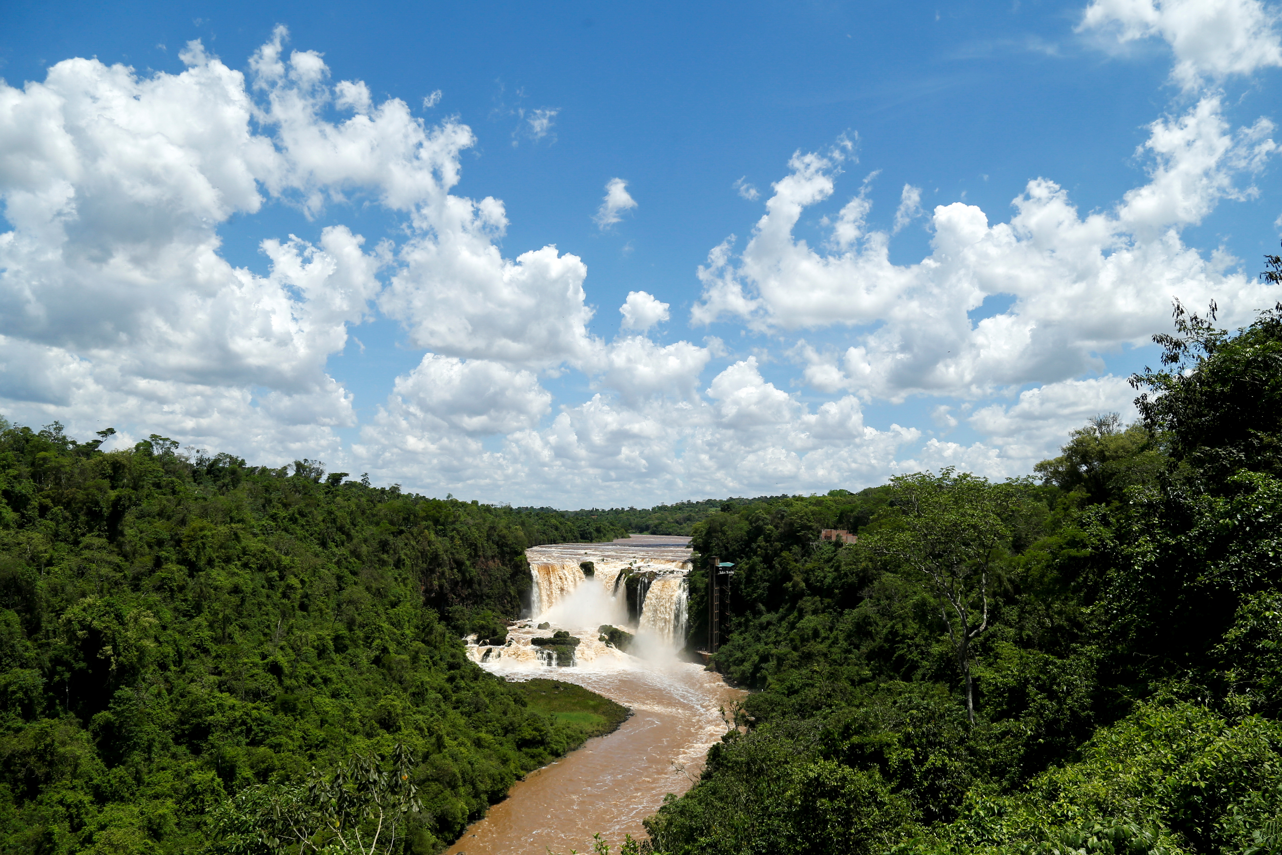 A waterfall from the Monday River, wich flows to the Parana River, is pictured in Presidente Franco, Paraguay October 12, 2021. Picture taken October 12, 2021. REUTERS/Cesar Olmedo