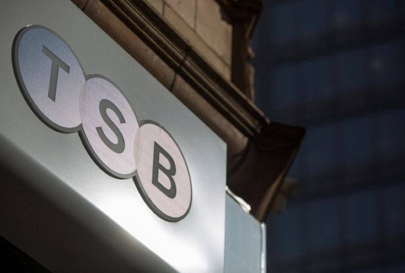 A sign is displayed outside a branch of the TSB bank in central London, Britain