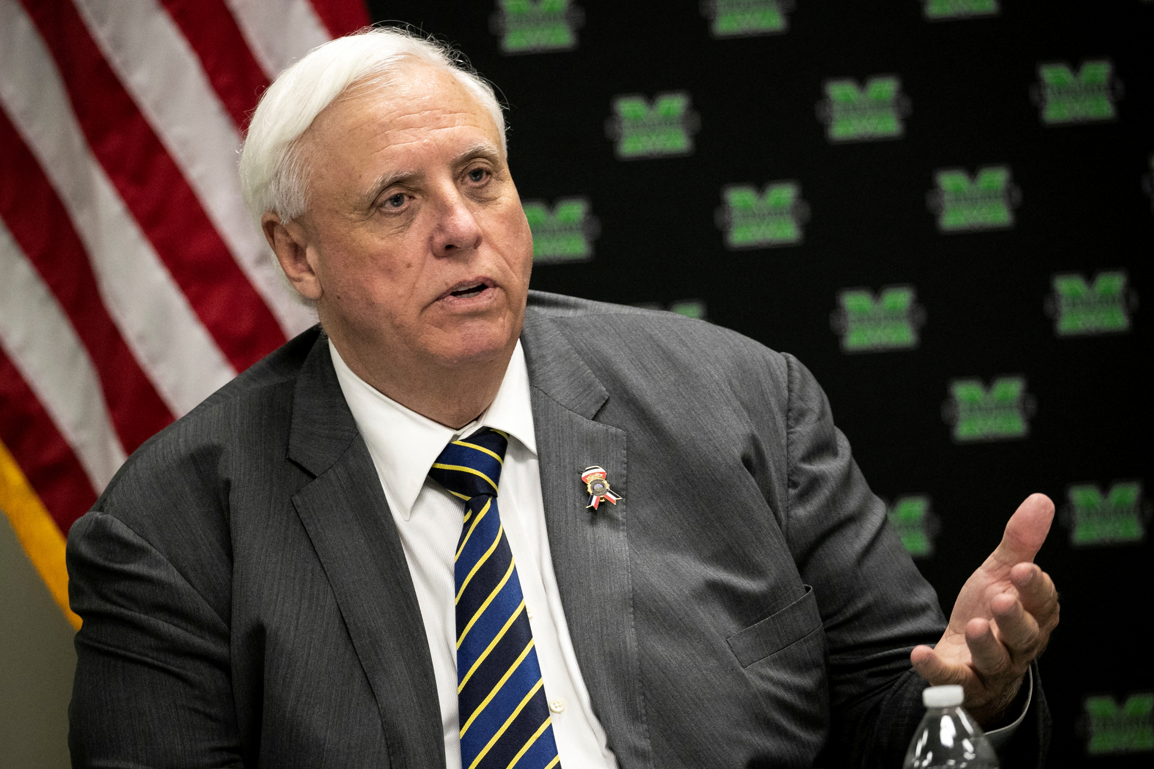 Jim Justice II, Governor of West Virginia, speaks during a roundtable discussion with U.S. first lady Melania Trump, local and state leaders at Cabell-Huntington Health Department in Huntington