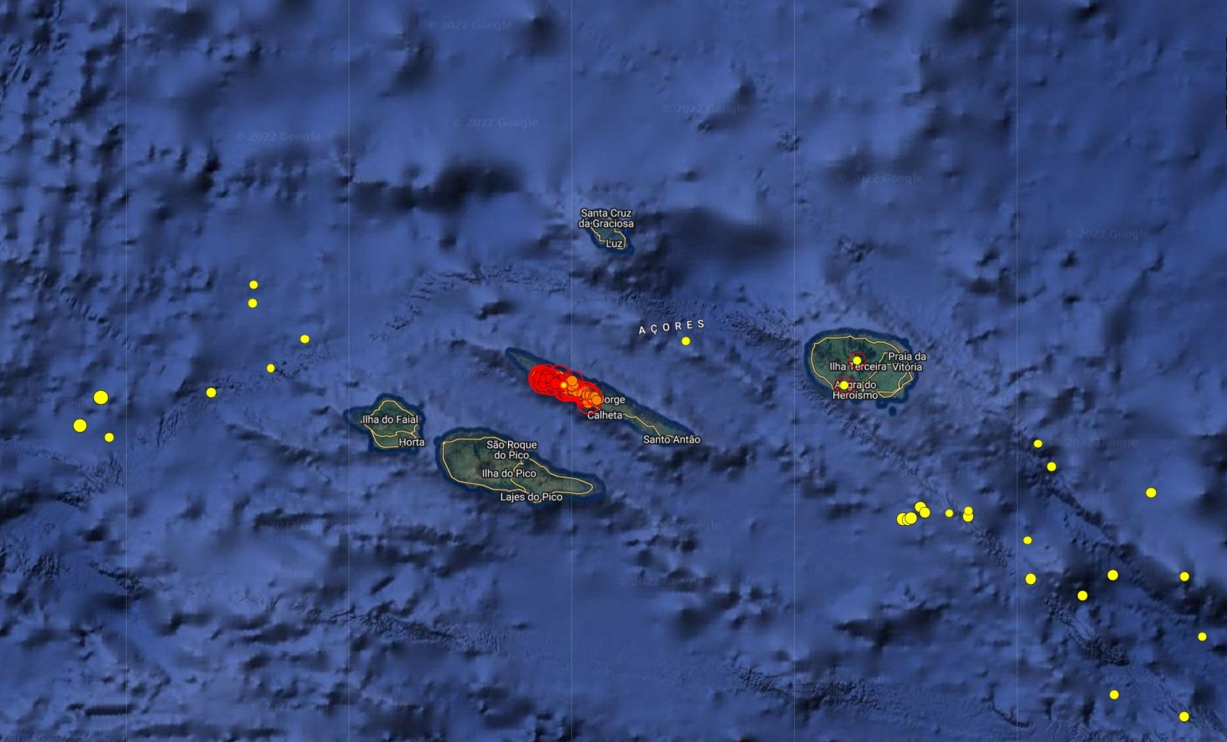 Satellite map showing seismic activity at Sao Jorge island