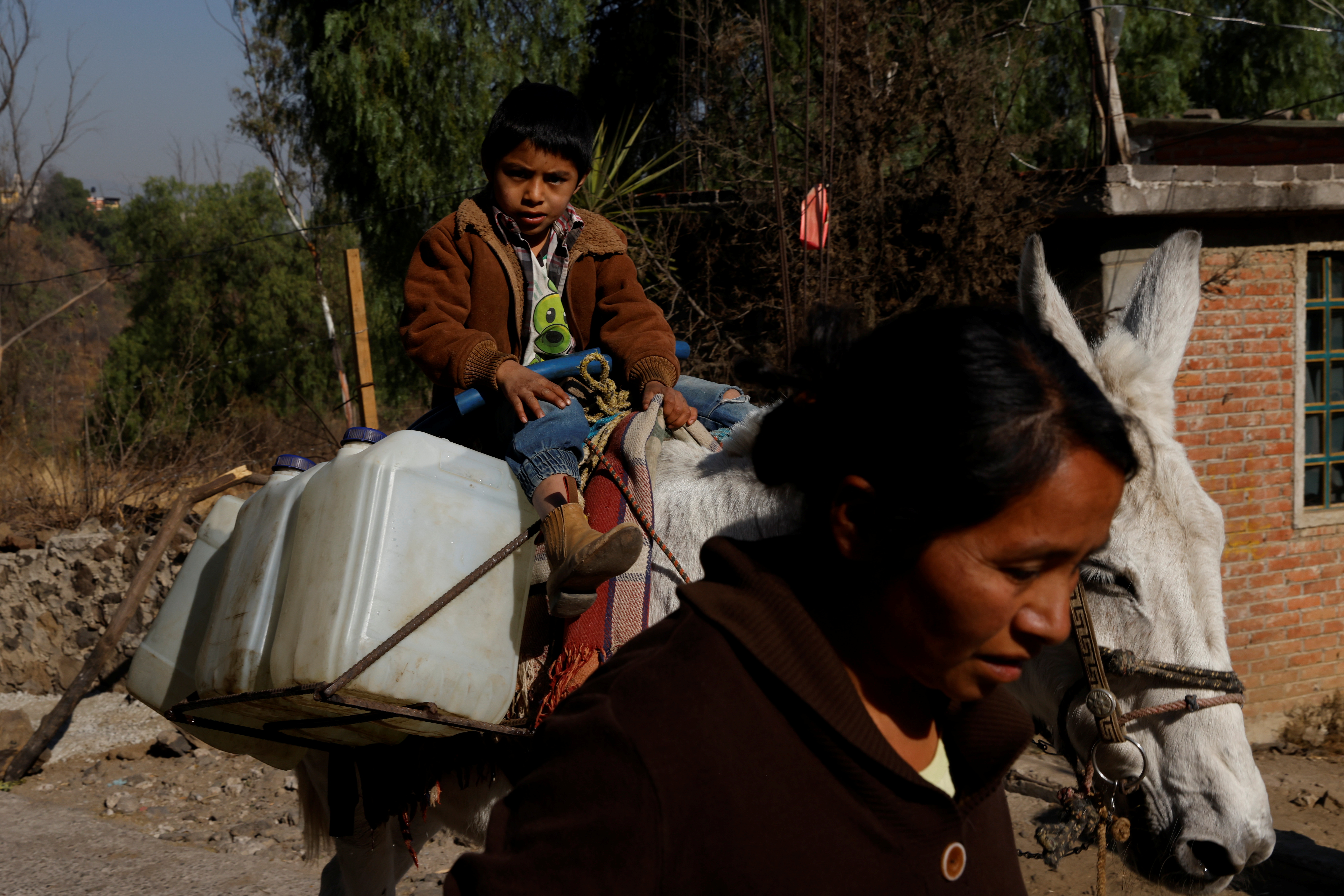 Lourdes Martinez drags her son Angelito while he rides his donkey with water tanks to take to his family for daily use as Mexico City and the metropolitan area is running out of water as drought takes hold of the city of almost 22 million people in the municipality of Xochimilco in Mexico City, Mexico April 19, 2021. REUTERS/Carlos Jasso